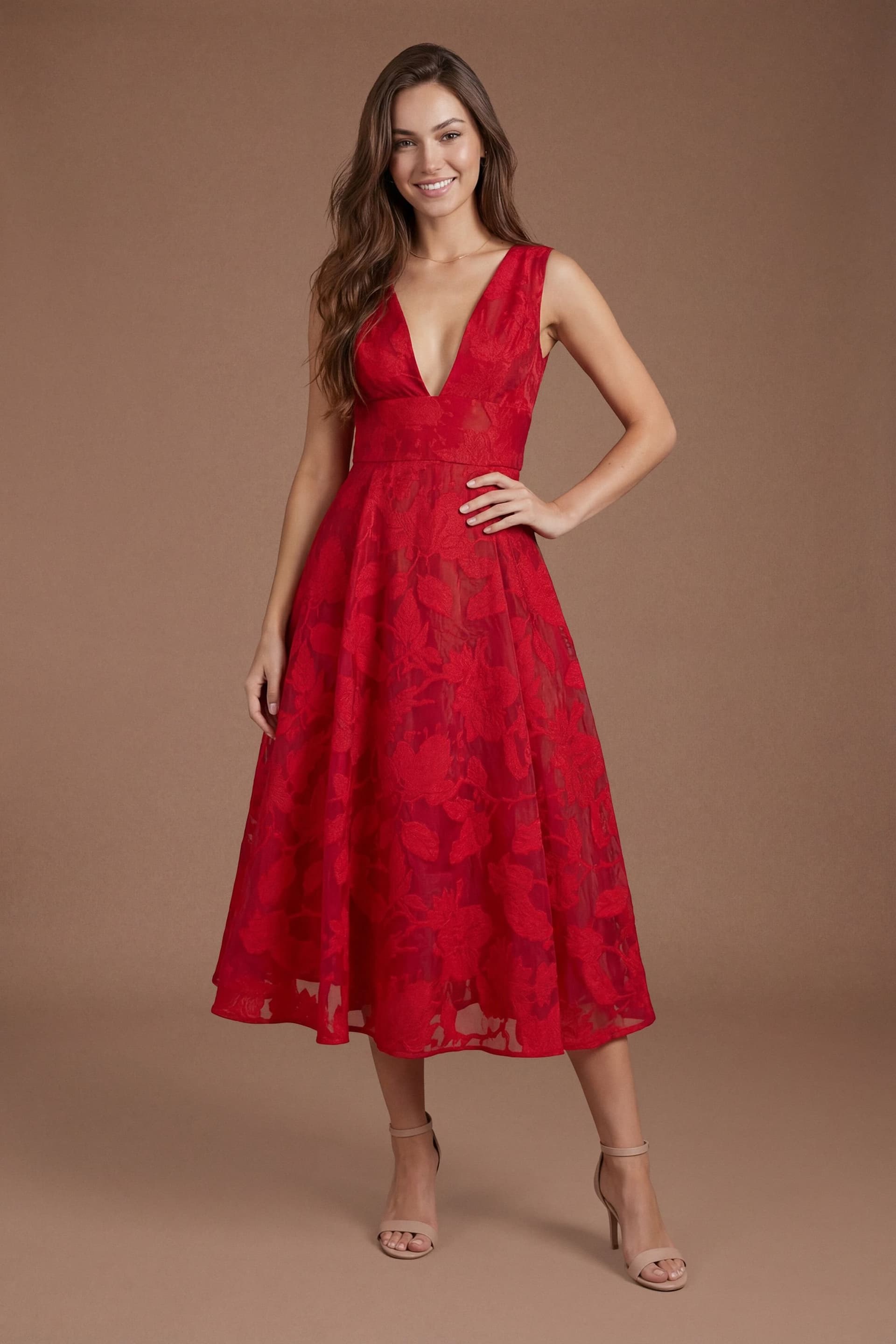Coast Coast Women's Plunge V Full Skirted Jacquard Midi Dress in Red
