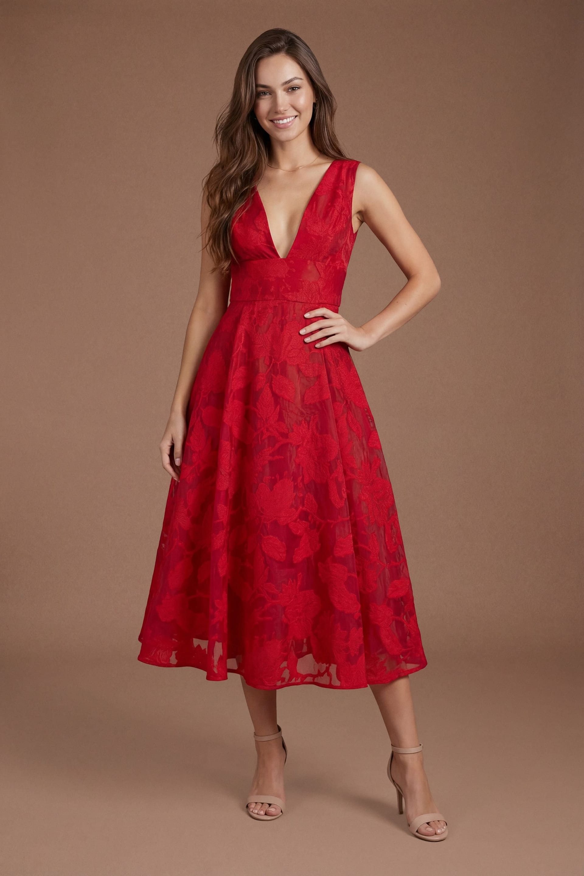 Coast Red Jacquard Plunge V Full Skirted Midi Dress