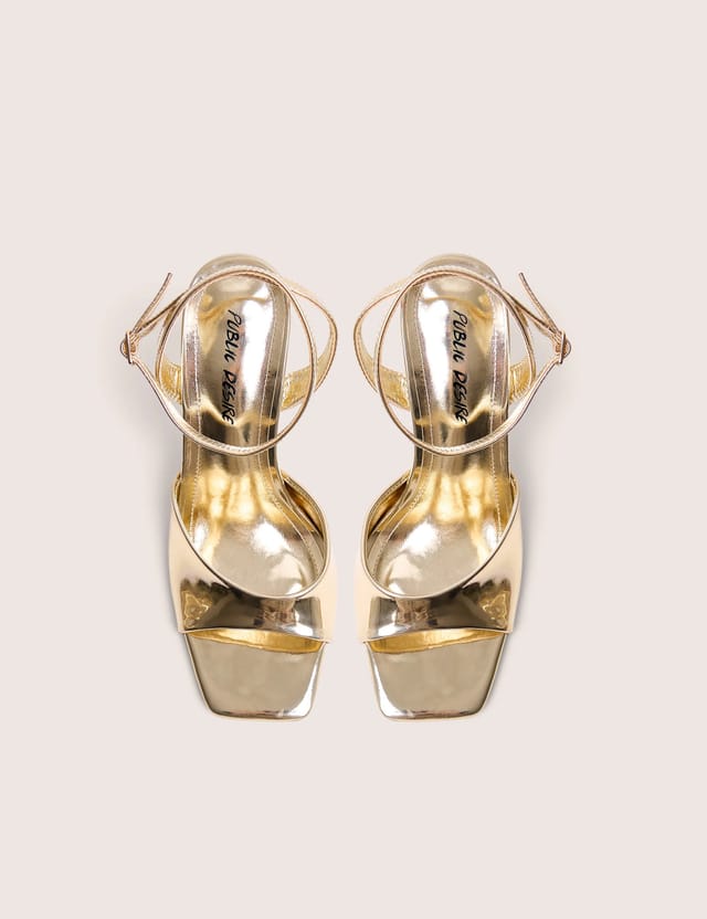 Public Desire June Gold Ankle Strap Peep Toe Heels - 2