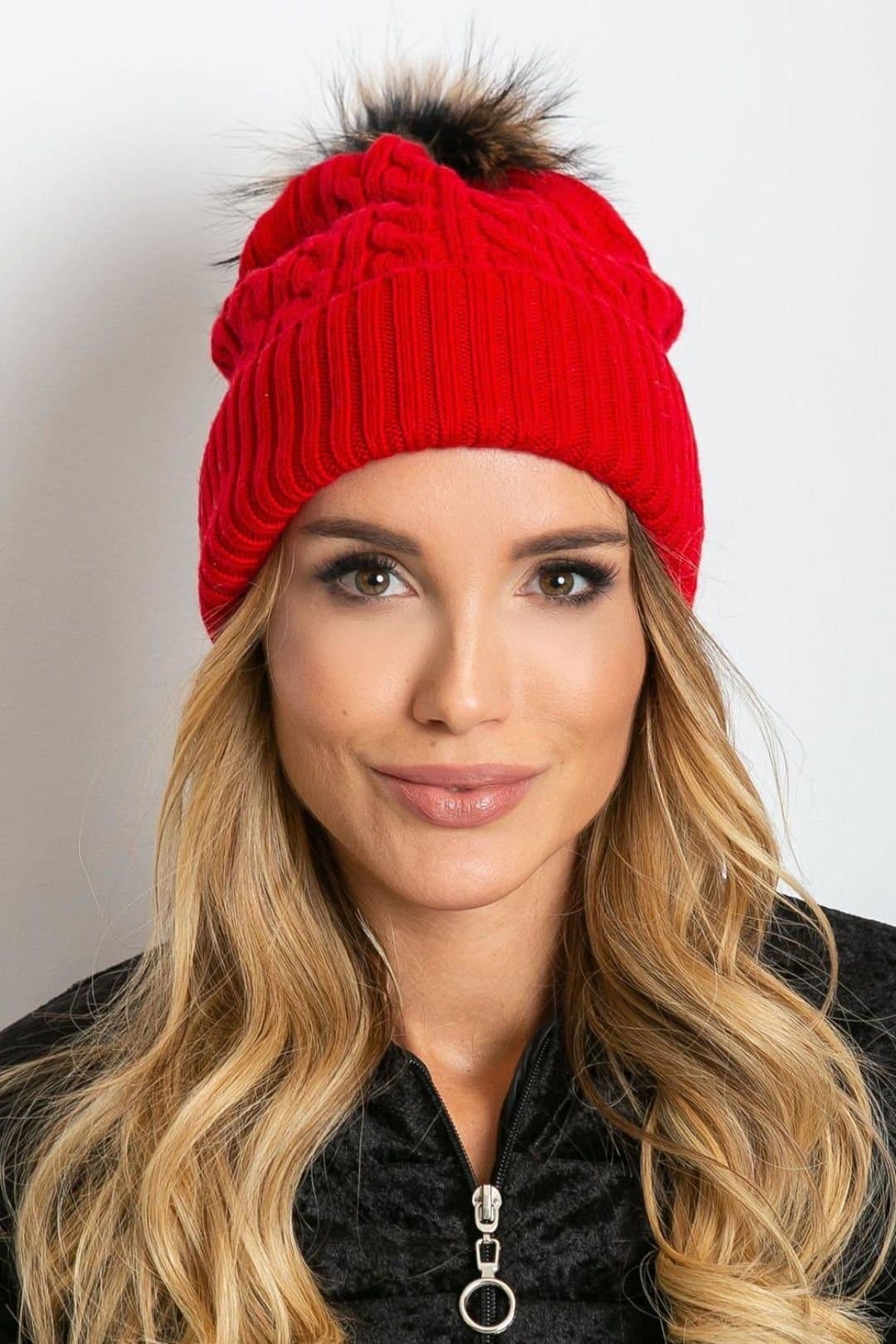 Love Lace Love Lace Red Knit Beanie Hat with Wide Cuff & Pom Pom