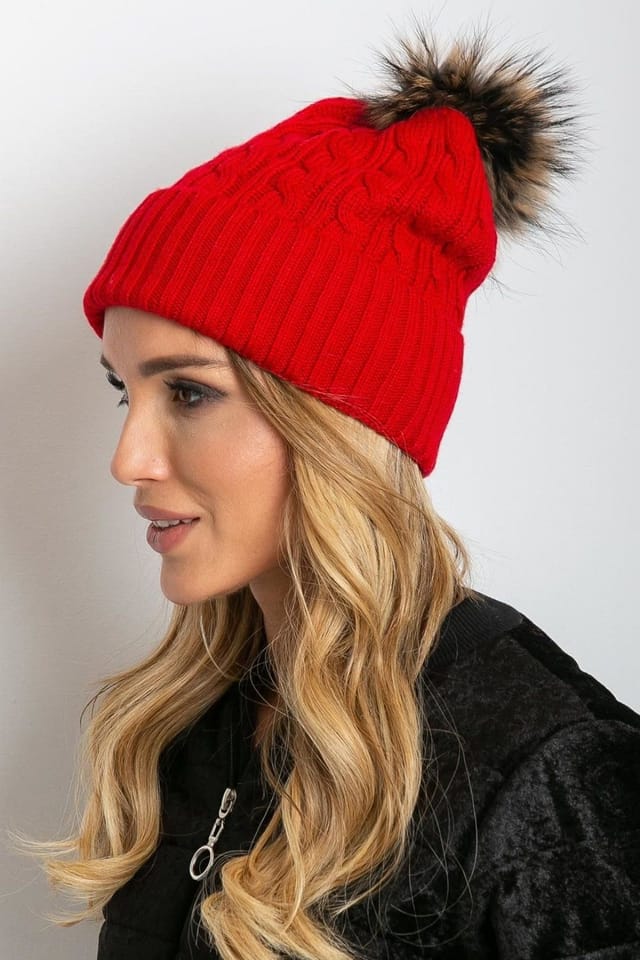 Love Lace Love Lace Women's Winter Knit Beanie Hat with Wide Cuff & Fluffy Pom Pom Topper in Red - 2