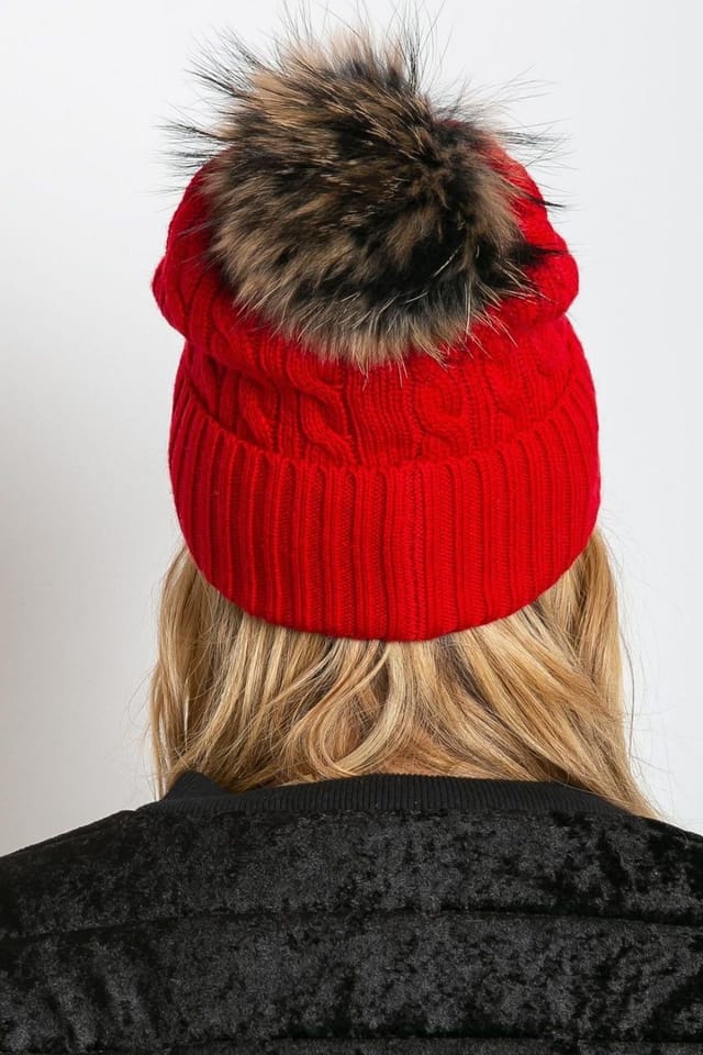 Love Lace Love Lace Women's Winter Knit Beanie Hat with Wide Cuff & Fluffy Pom Pom Topper in Red - 3