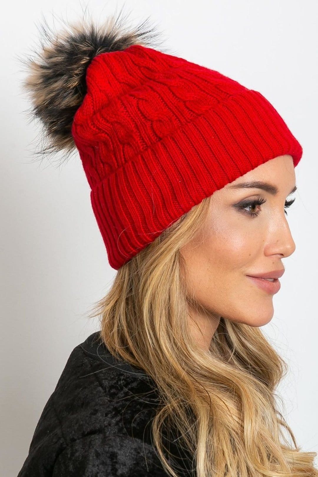 Love Lace Love Lace Women's Winter Knit Beanie Hat with Wide Cuff & Fluffy Pom Pom Topper in Red - 4