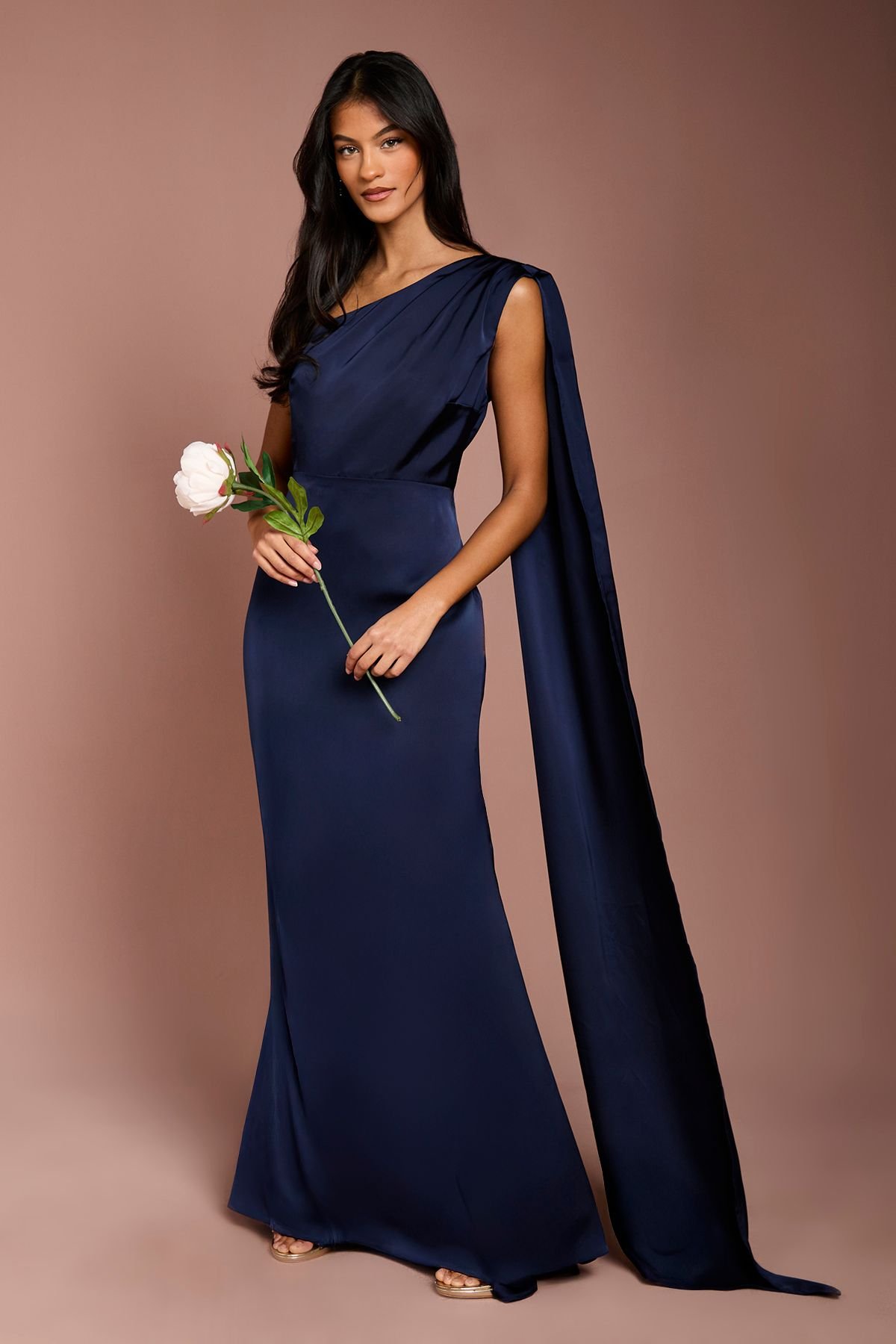 Coast Coast Women's Honoured Petite Drape One Shoulder Satin Maxi Bridesmaid Dress in Navy - 2