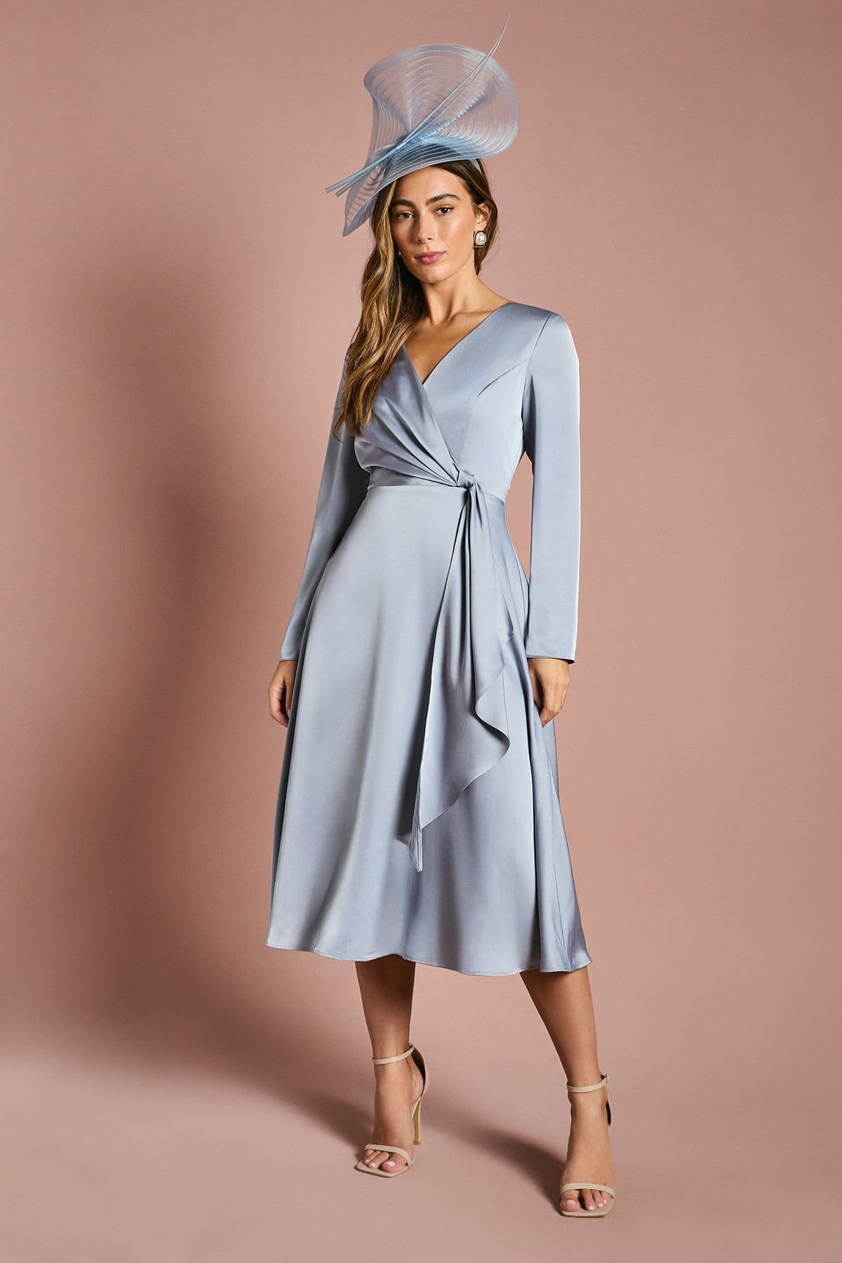 Coast Coast Women's Long Sleeve Waterfall Satin Midi Dress in Light Blue - 1