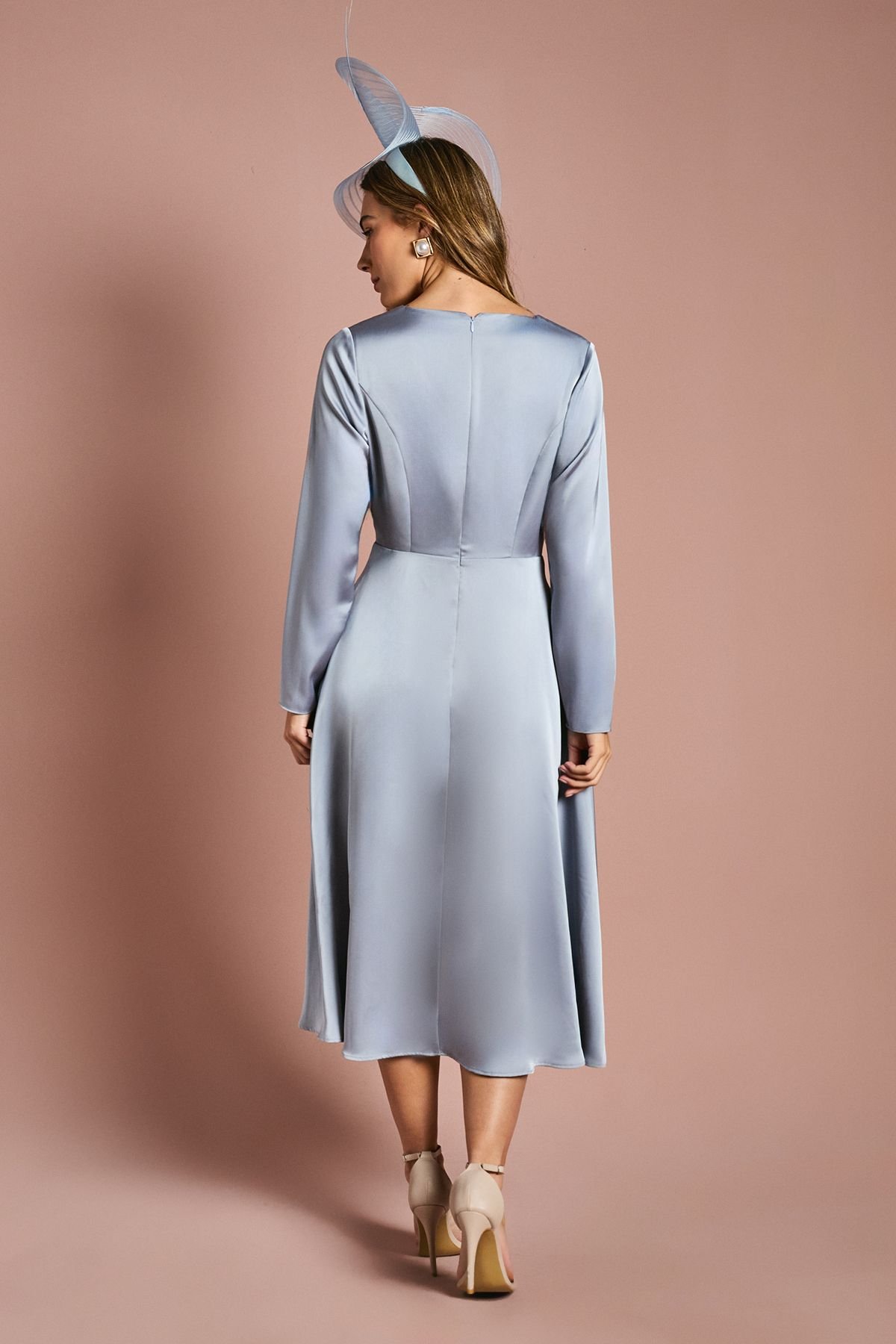 Coast Coast Women's Long Sleeve Waterfall Satin Midi Dress in Light Blue - 3
