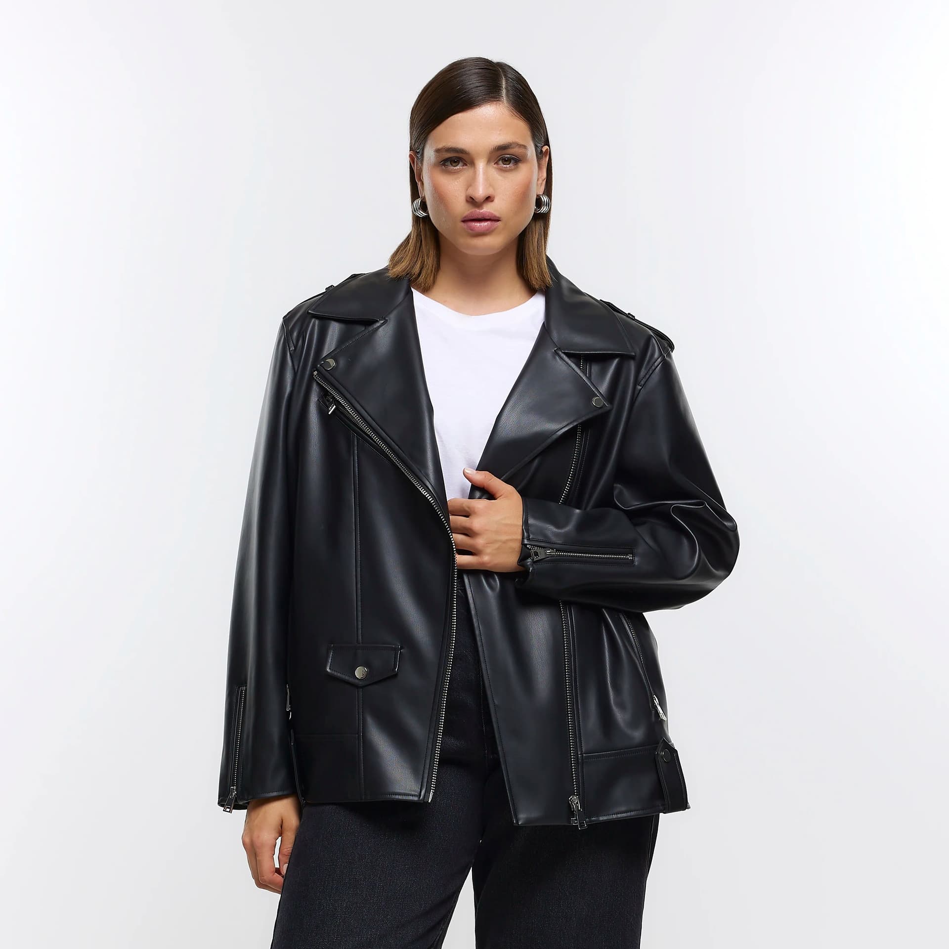 River Island River Island Womens Plus Black Faux Leather Oversized Jacket