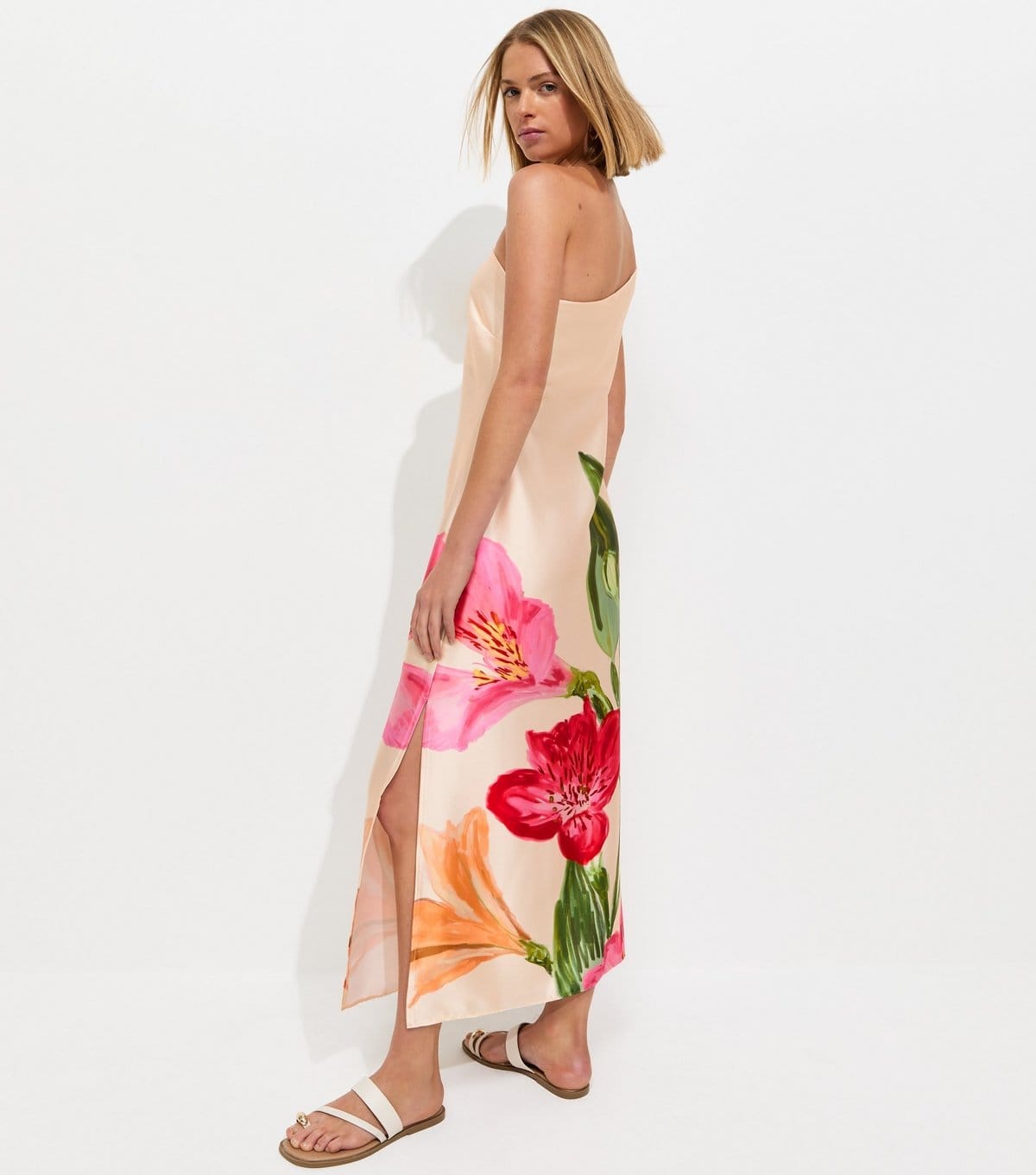 New Look Women's Cream Satin Floral One Shoulder Midi Dress New Look - 4