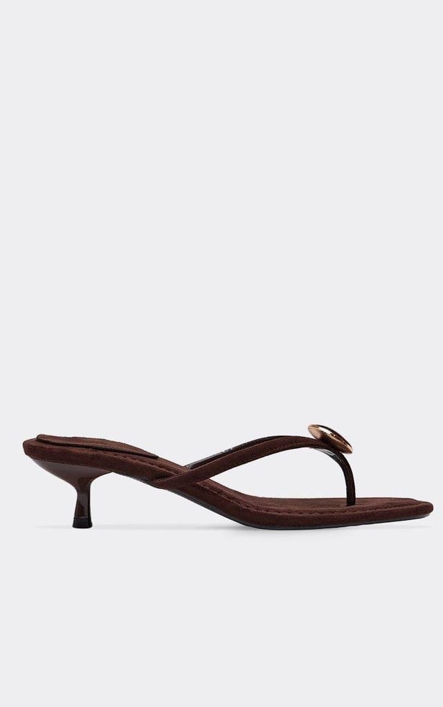 EGO Onni Stone Detail Thong Strap Kitten Heeled Mule In Brown Faux Suede, Women's Size UK 3 - 2