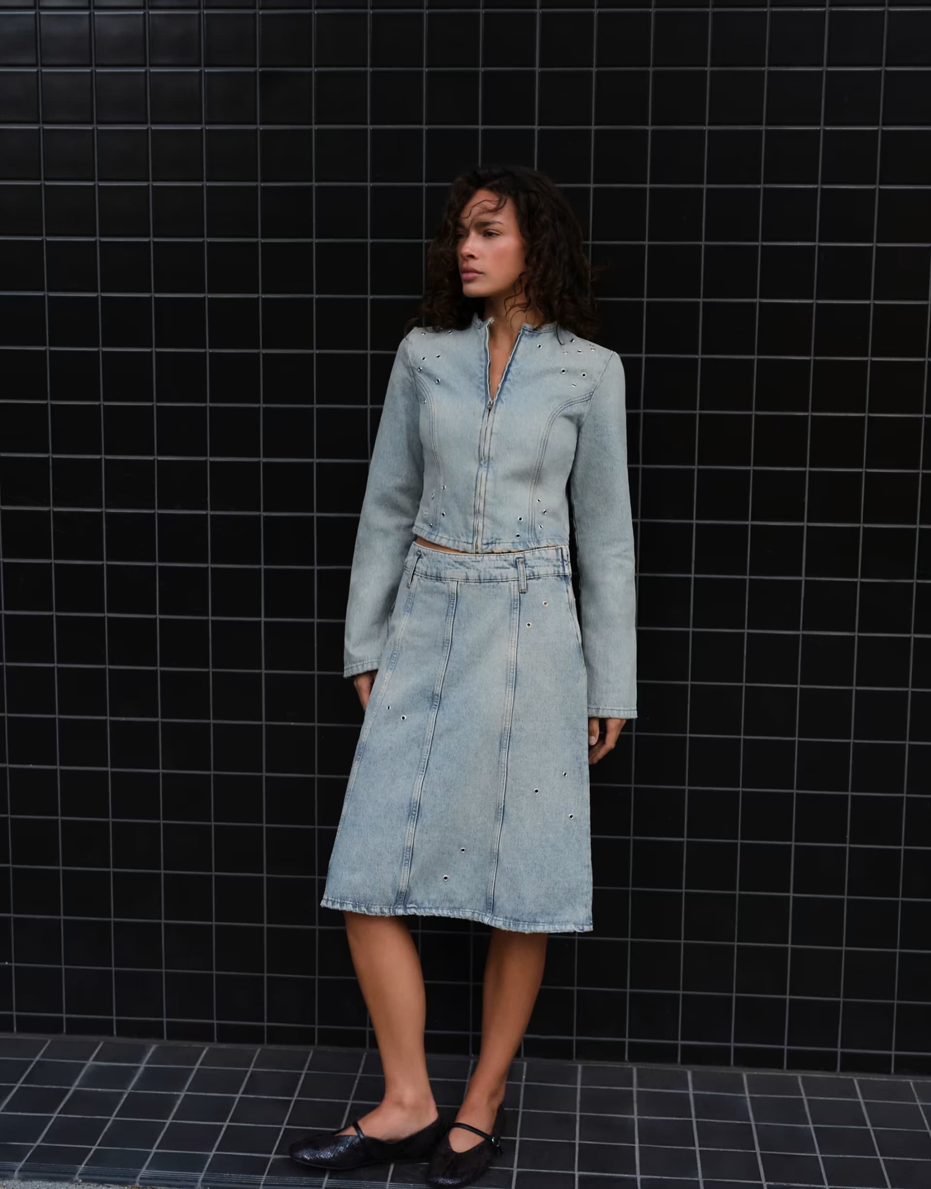 ASOS Pull&Bear Eyelet midi skirt in pale blue