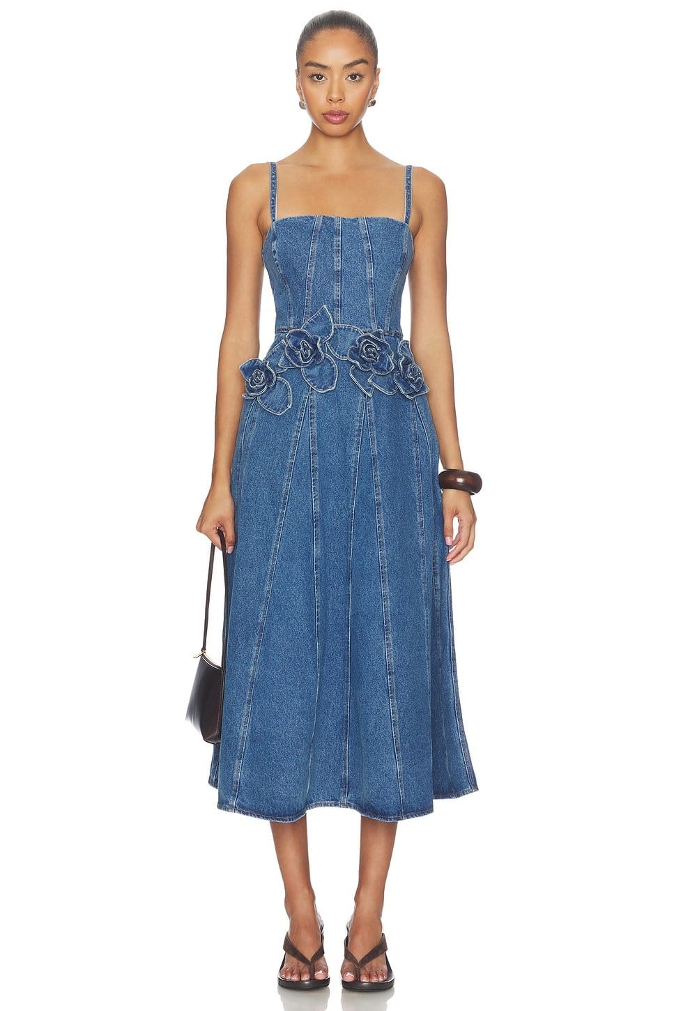 Revolve Blue Denim Eryn Midi Dress With 3D Rose Detail