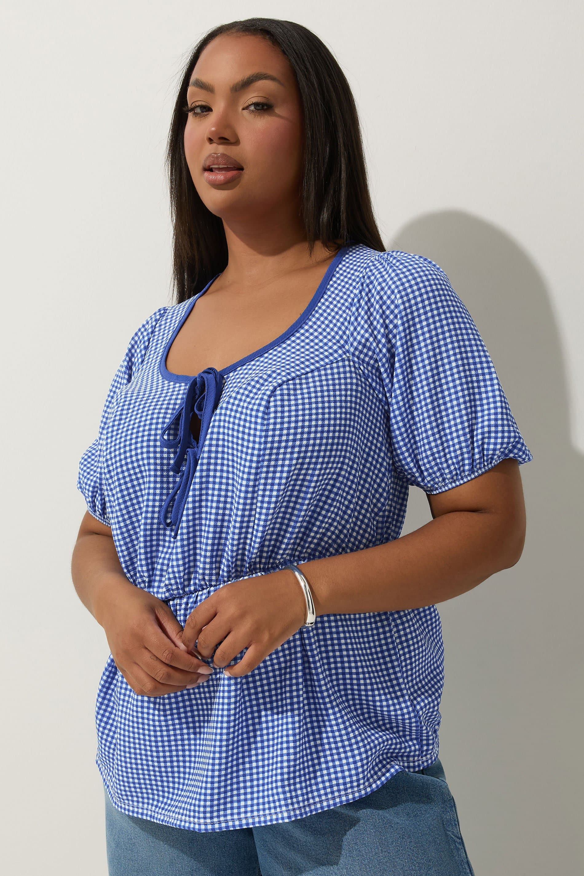 Limited Collection Plus Size Cobalt Blue Gingham Bow Tie Front Top