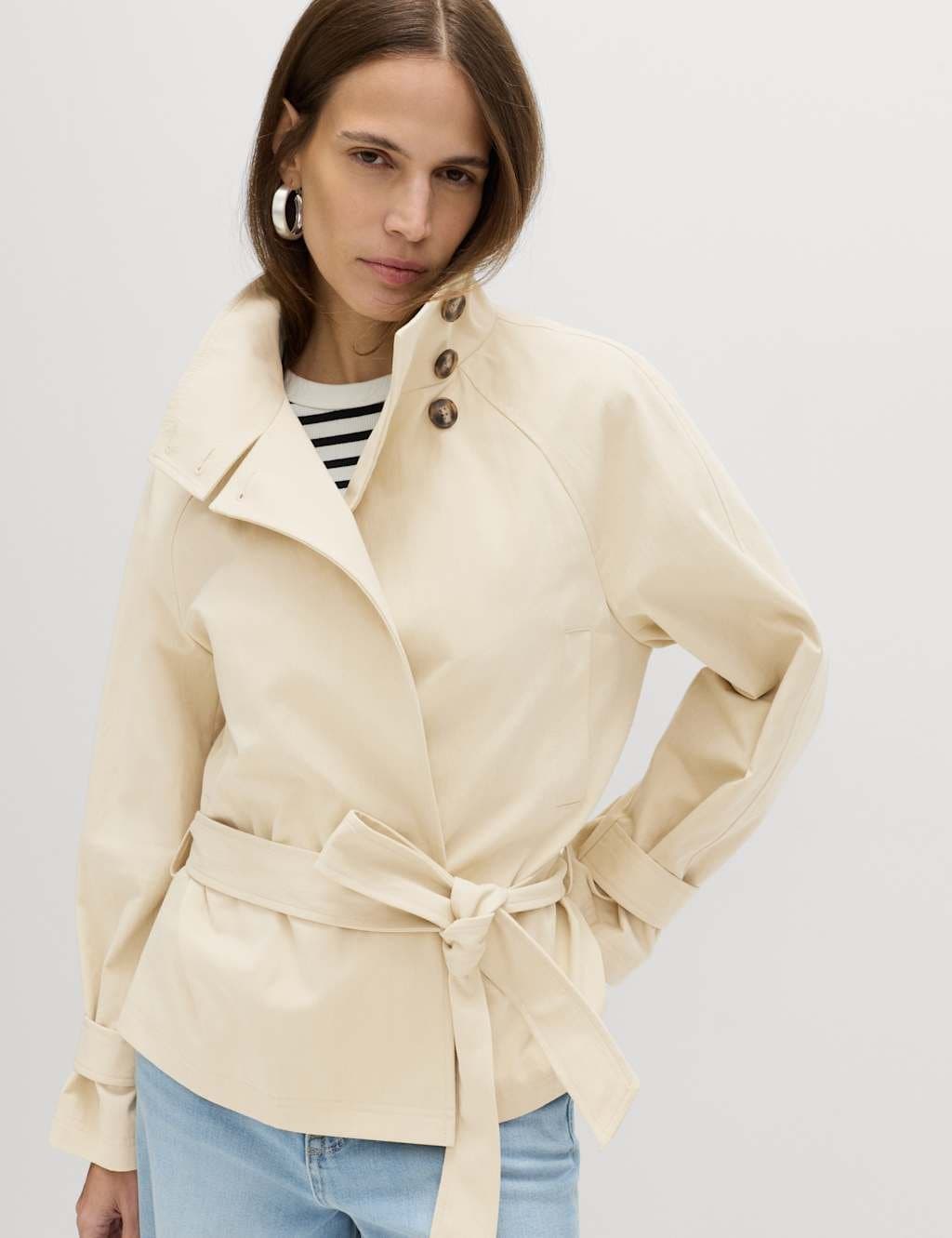 Marks & Spencer M&S Funnel Neck Belted Short Trench Style Coat Neutral