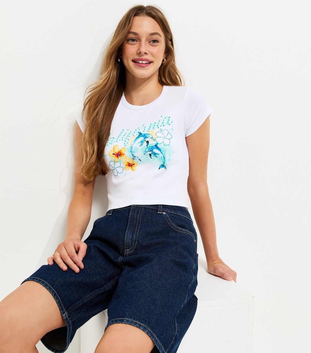 New Look New Look Girls' White Cotton Dolphin Print Baby Tee T-Shirt