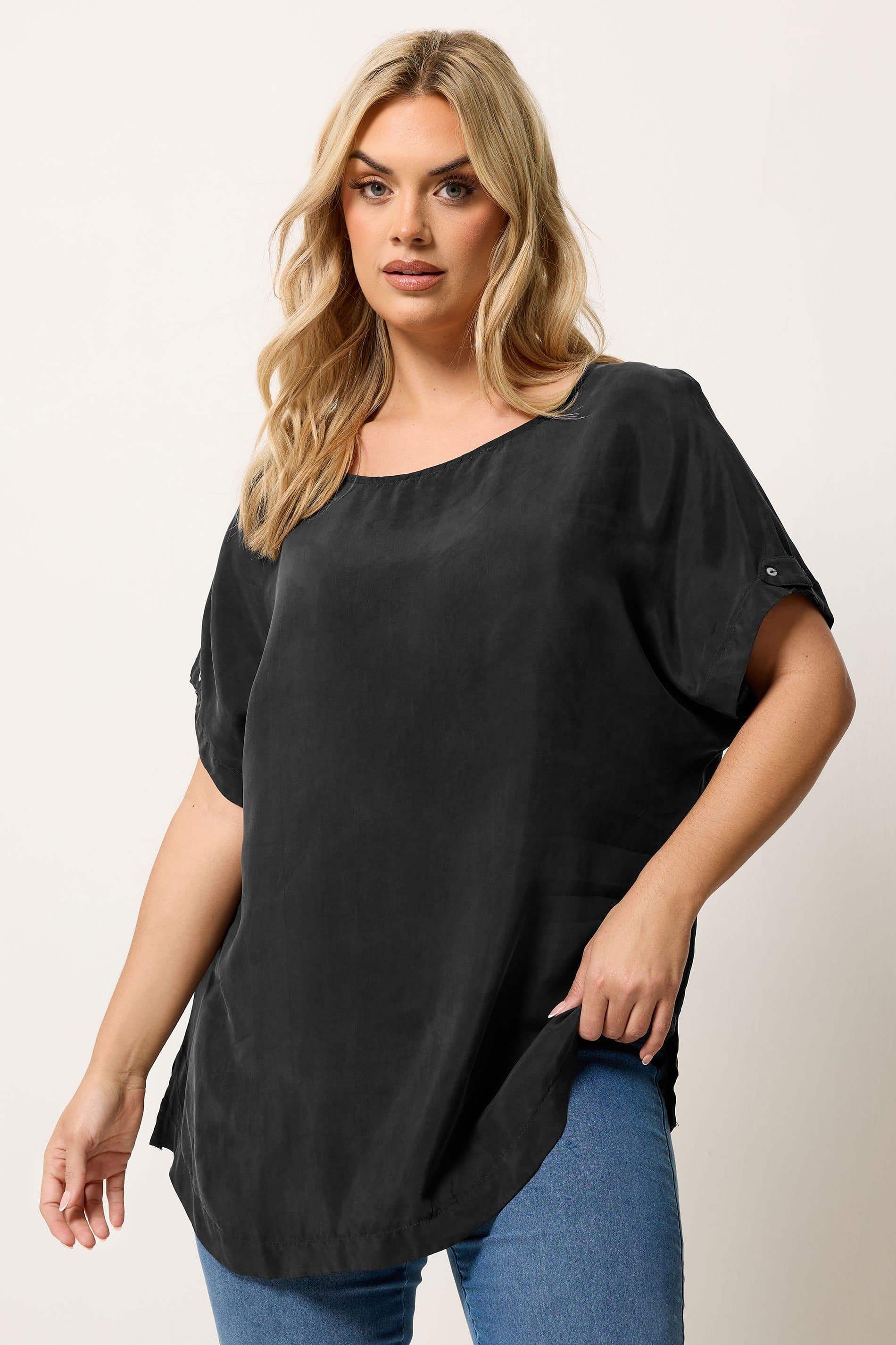 Yours Plus Size Black Tab Sleeve Detail Top