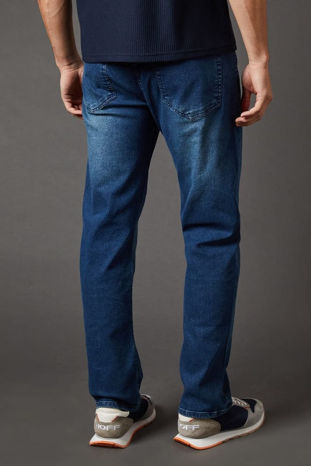 Burton Burton Men's Blue Wash Stretch Straight Fit Jeans in Light Wash - 3