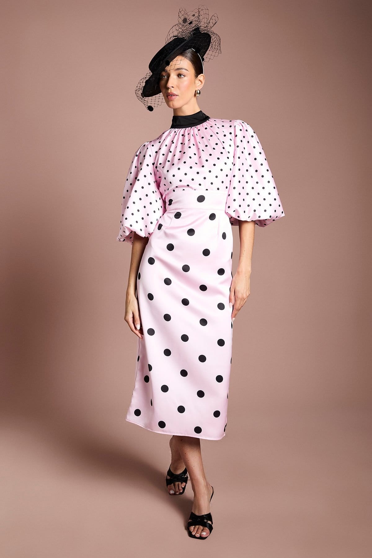 Coast Pink Satin Puff Sleeve High Neck Midi Dress