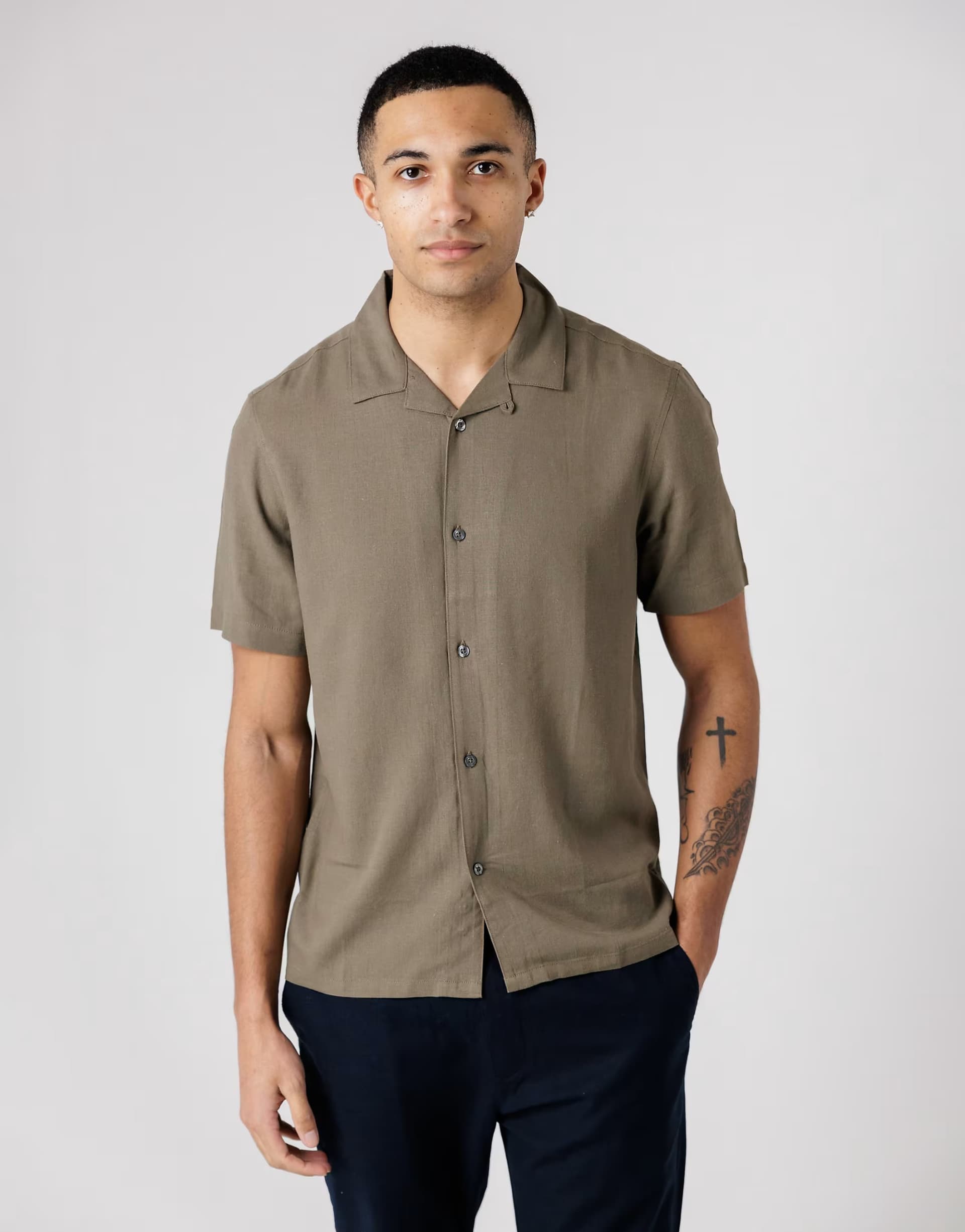 ASOS French Connection Linen blend short sleeve revere collar shirt in khaki