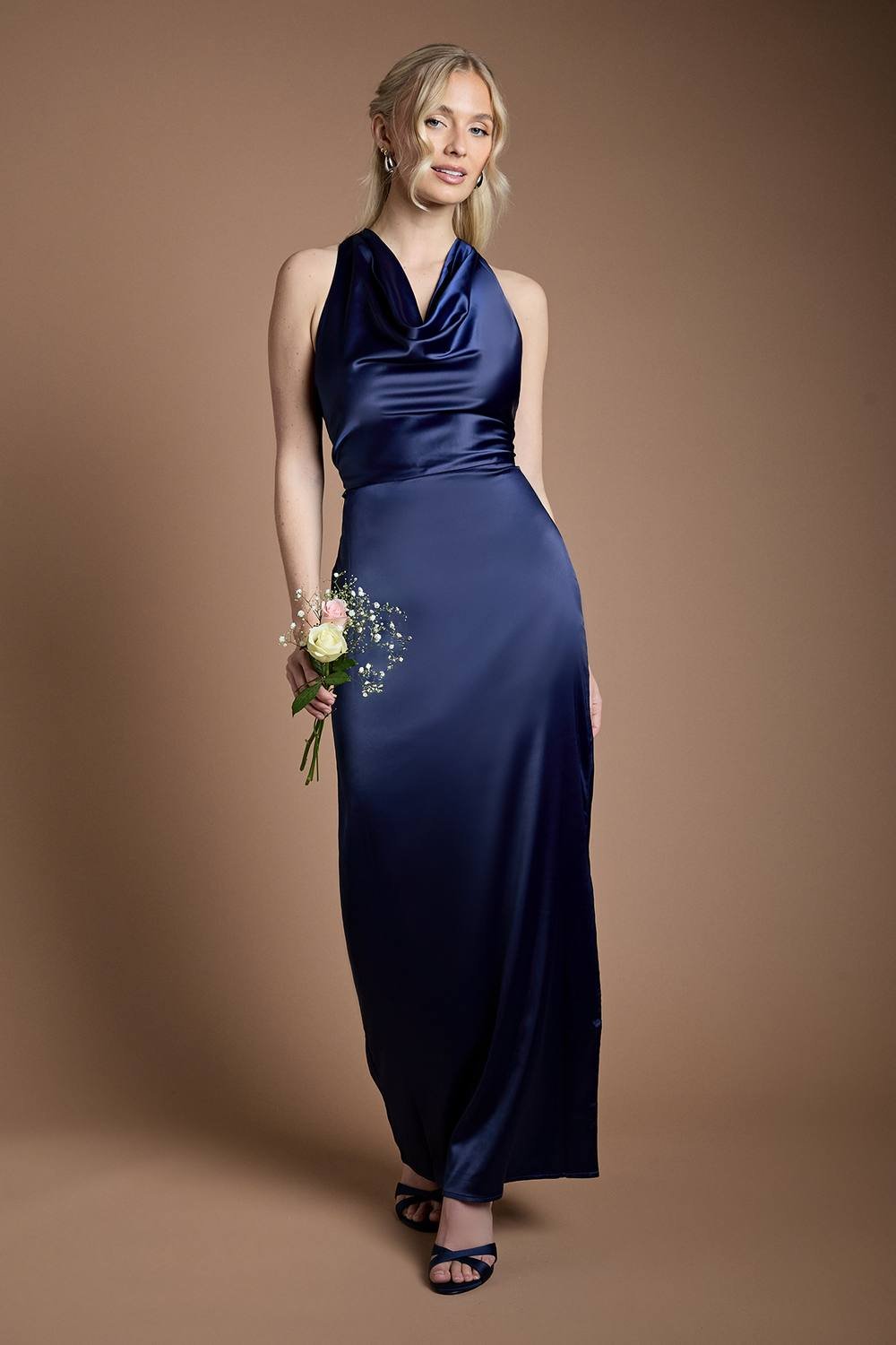 Oasis Oasis Women's Satin Cowl Neck Maxi Bridesmaid Dress in Navy - 2