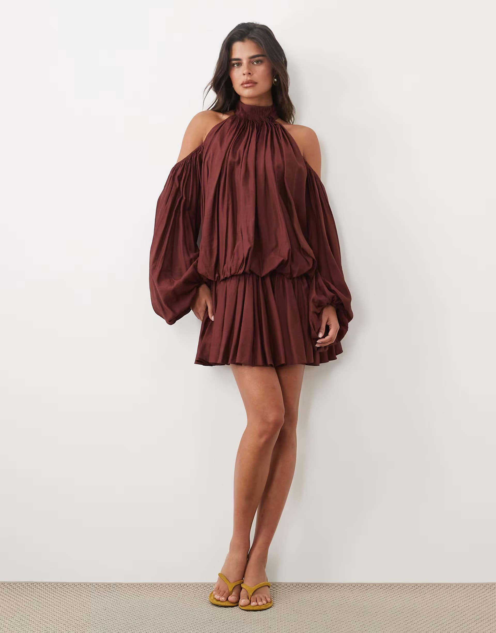 ASOS ASOS DESIGN Blouson cold shoulder mini dress with flippy skirt in burgundy