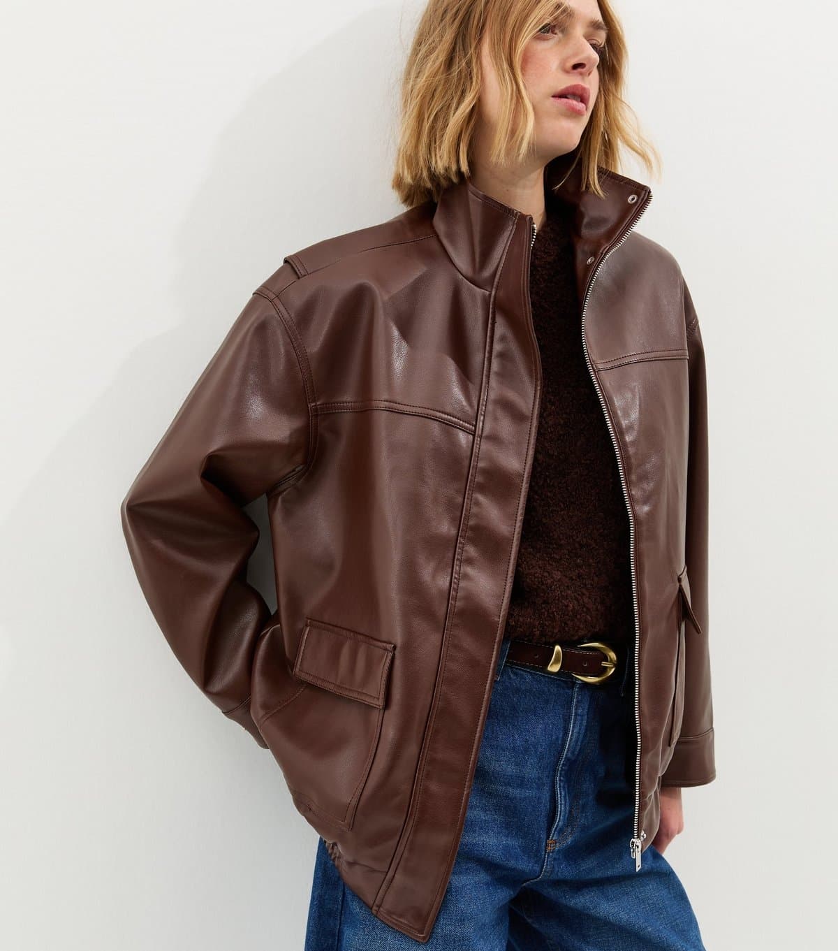 New Look Women's Dark Brown Faux Leather Funnel Neck Oversized Jacket New Look