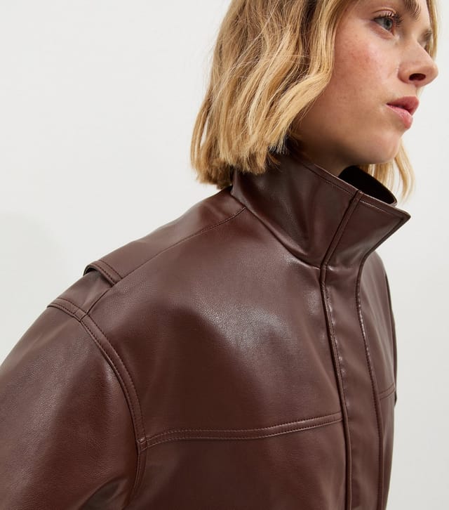 New Look Women's Dark Brown Faux Leather Funnel Neck Oversized Jacket New Look - 3