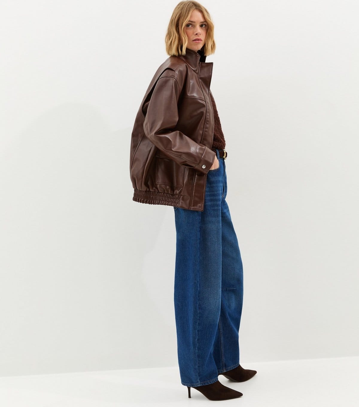 New Look Women's Dark Brown Faux Leather Funnel Neck Oversized Jacket New Look - 4