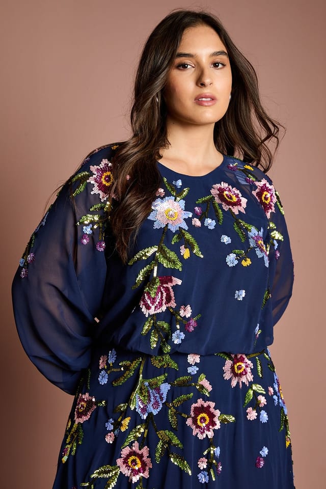 Coast Coast Women's Plus Size Long Sleeve Floral Embellished Sequin Midi Dress in Navy - 2