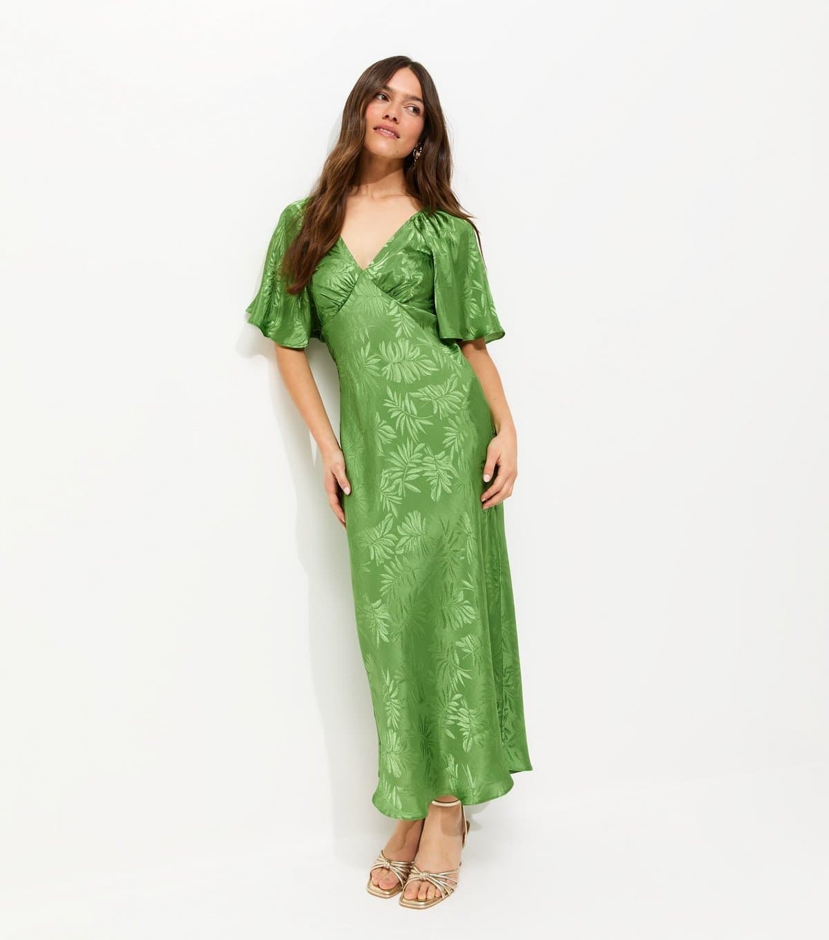 New Look Women's Petite Light Green Palm Jacquard Flutter Sleeve Midi Dress New Look