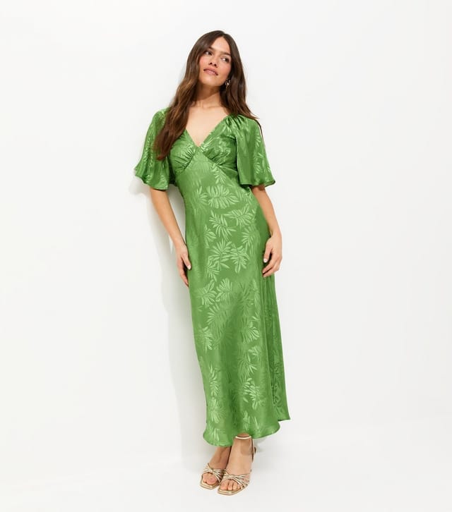 New Look Women's Petite Light Green Palm Jacquard Flutter Sleeve Midi Dress New Look - 2