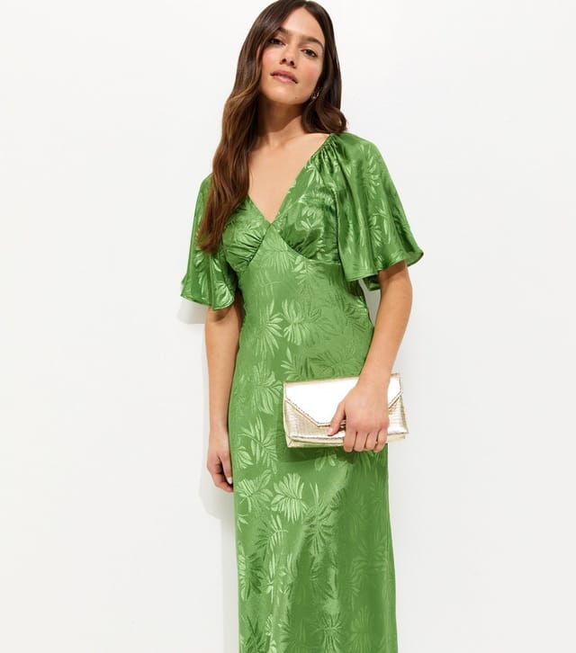 New Look Women's Petite Light Green Palm Jacquard Flutter Sleeve Midi Dress New Look - 3