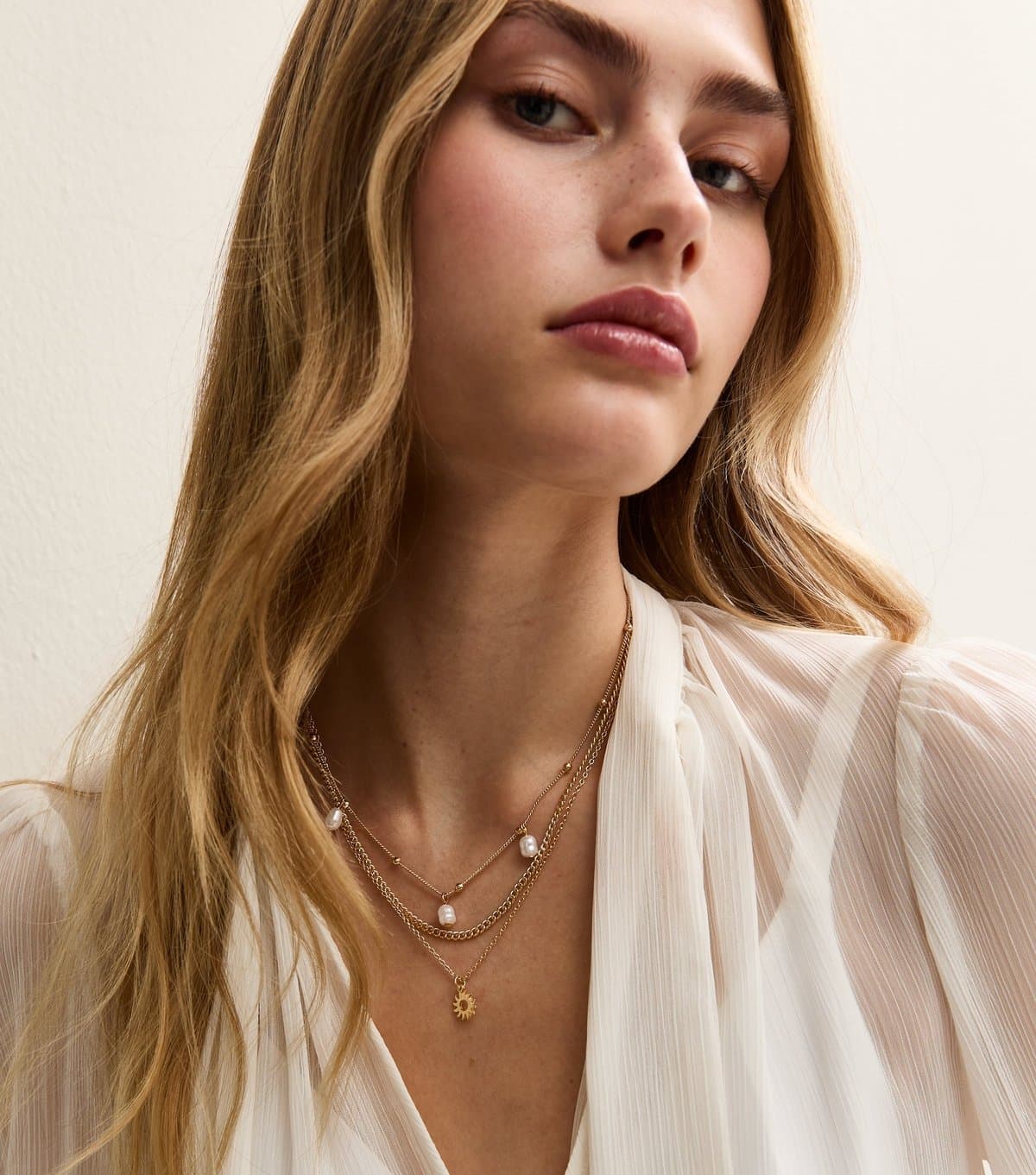 New Look Gold Tone Triple Layered Faux Pearl Drop Necklace New Look