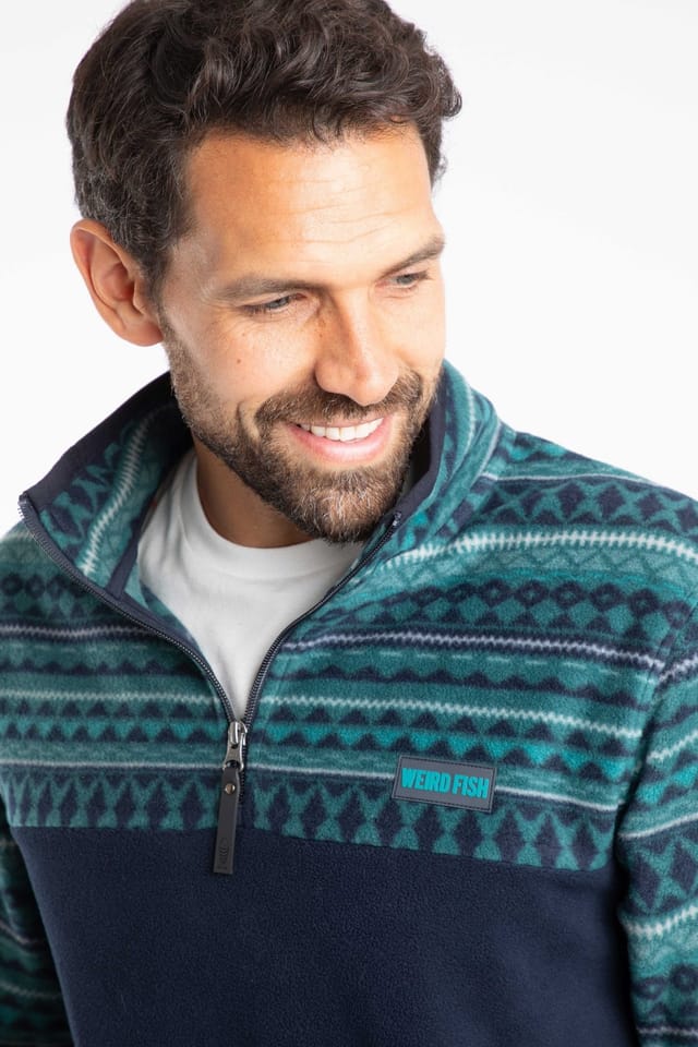 Weird Fish Weird Fish Men's Gilbert 1/4 Zip Printed Microfleece in Bottle Green - 3