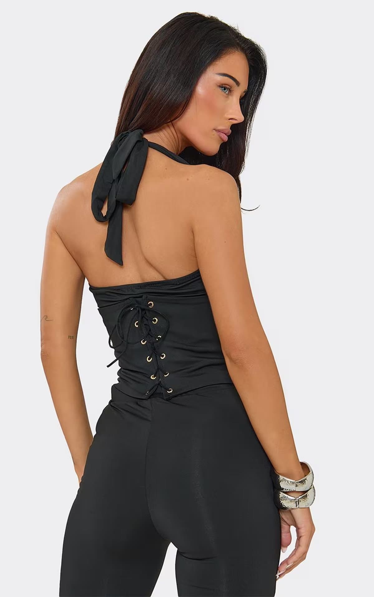 EGO Halterneck Corset Top And Capri Trousers Co-Ord Set In Black, Women's Size UK M/L