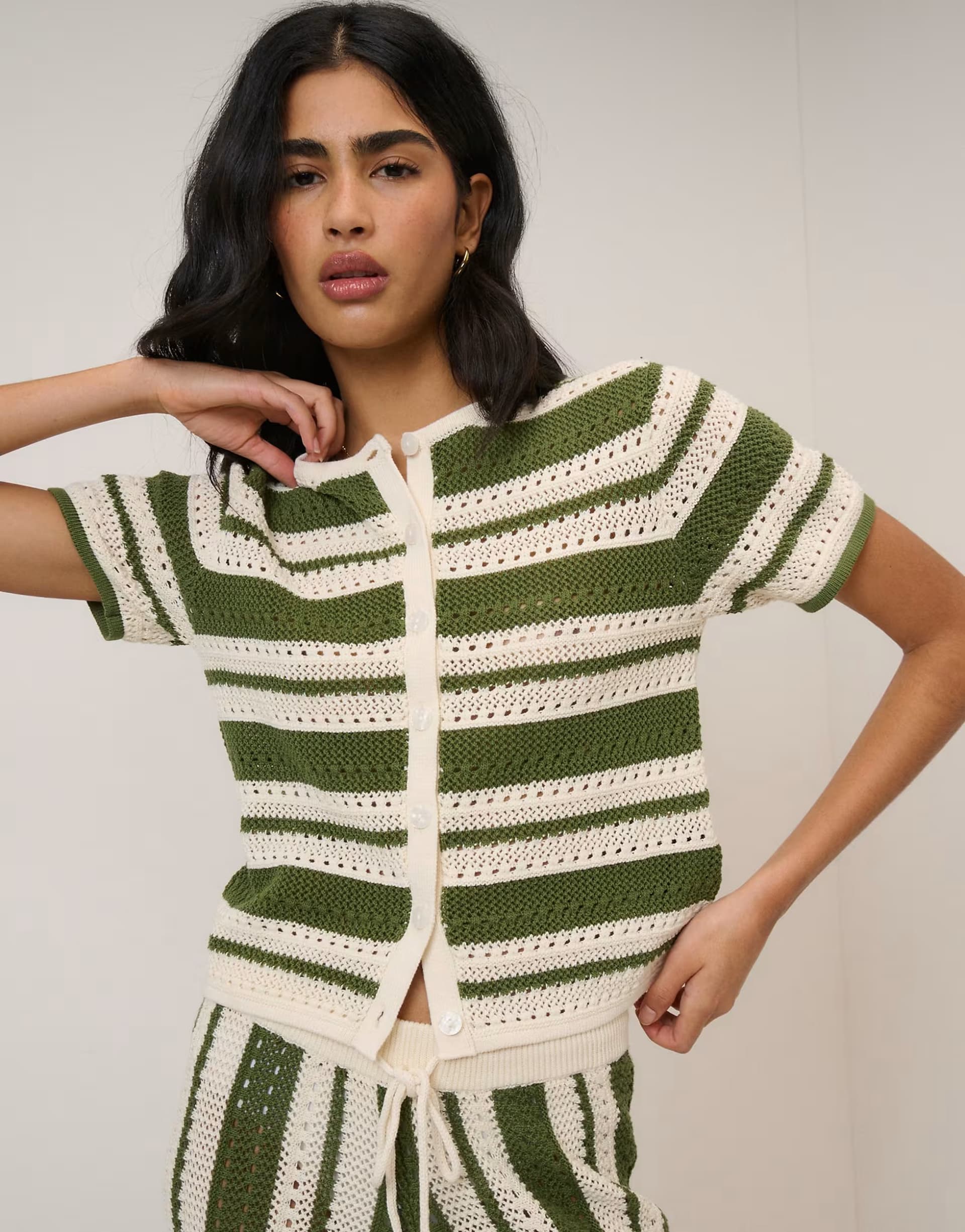 ASOS Nobody's Child crochet short sleeve resort cardigan co-ord in green stripe