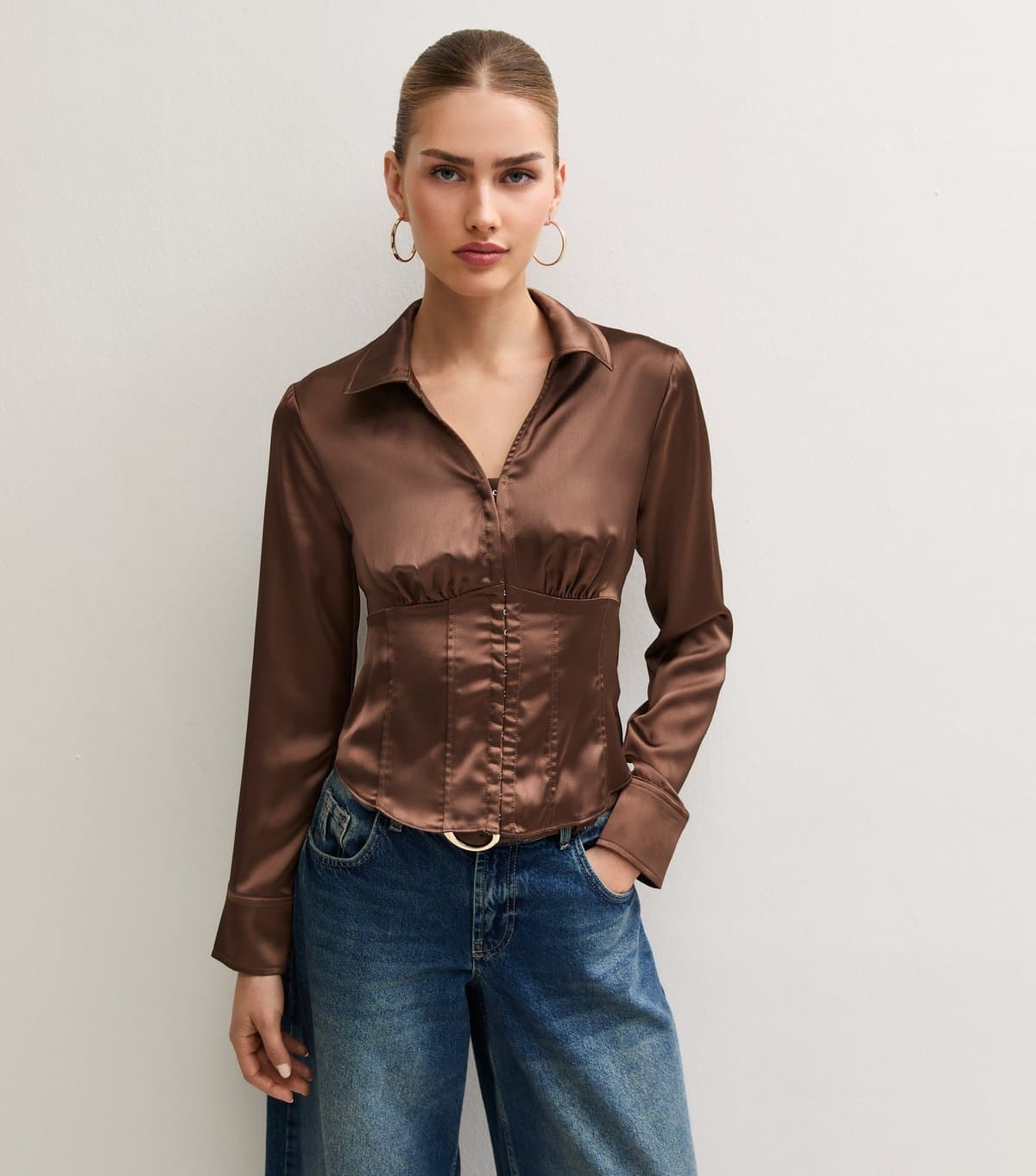 New Look Women's Dark Brown Satin Ruched Corset Long Sleeve Shirt New Look