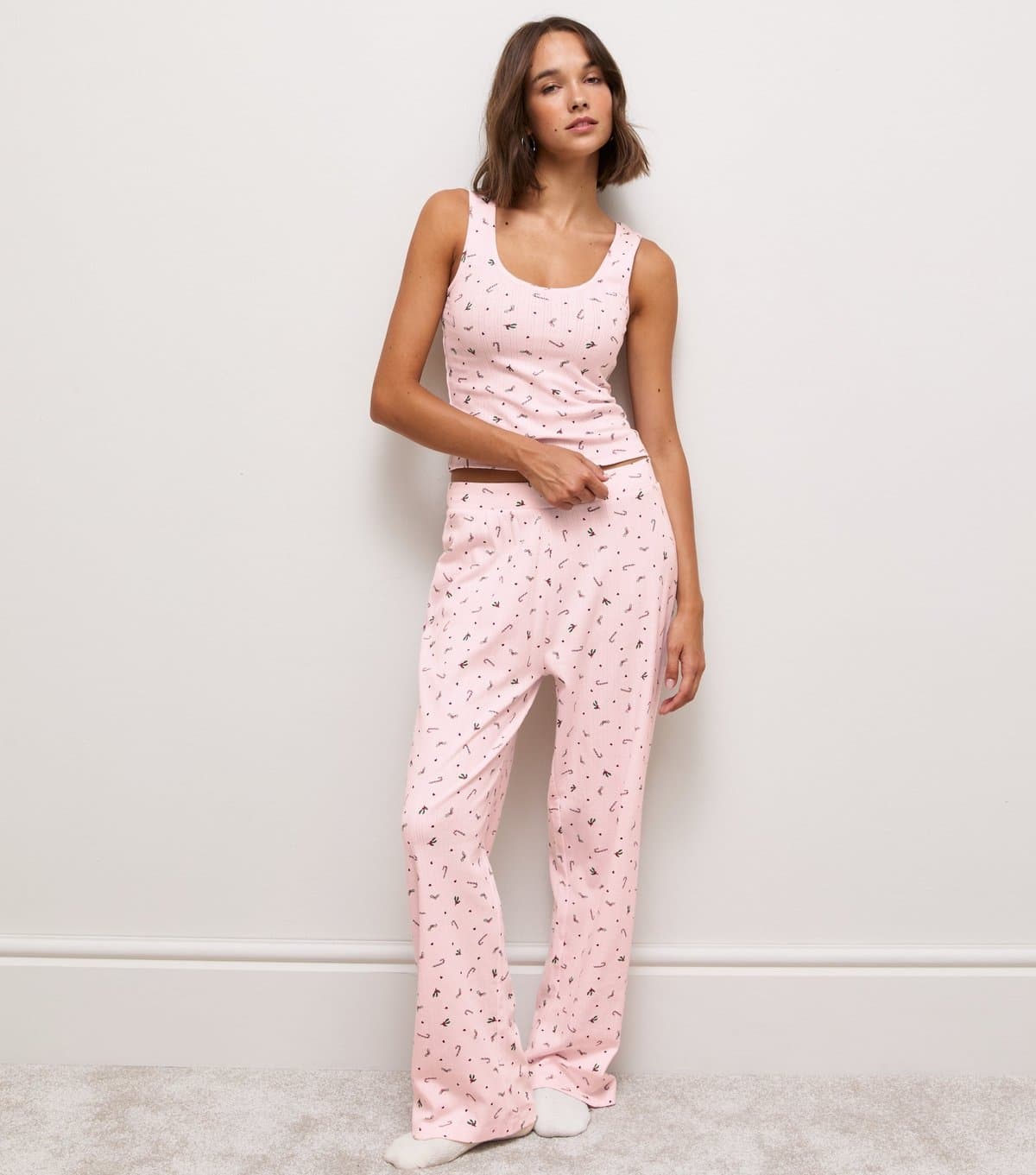 New Look Women's Pink Cotton Pointelle Candy Cane Print Wide Leg Trousers New Look