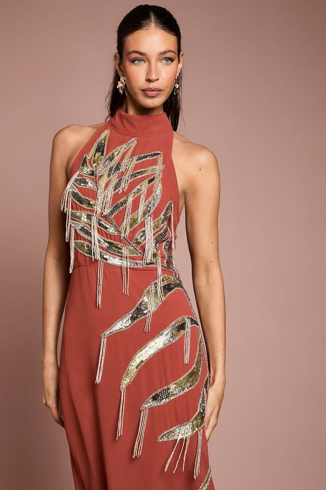 Coast Coast Women's Halterneck Embellished Fringe Midi Dress in Bronze - 2