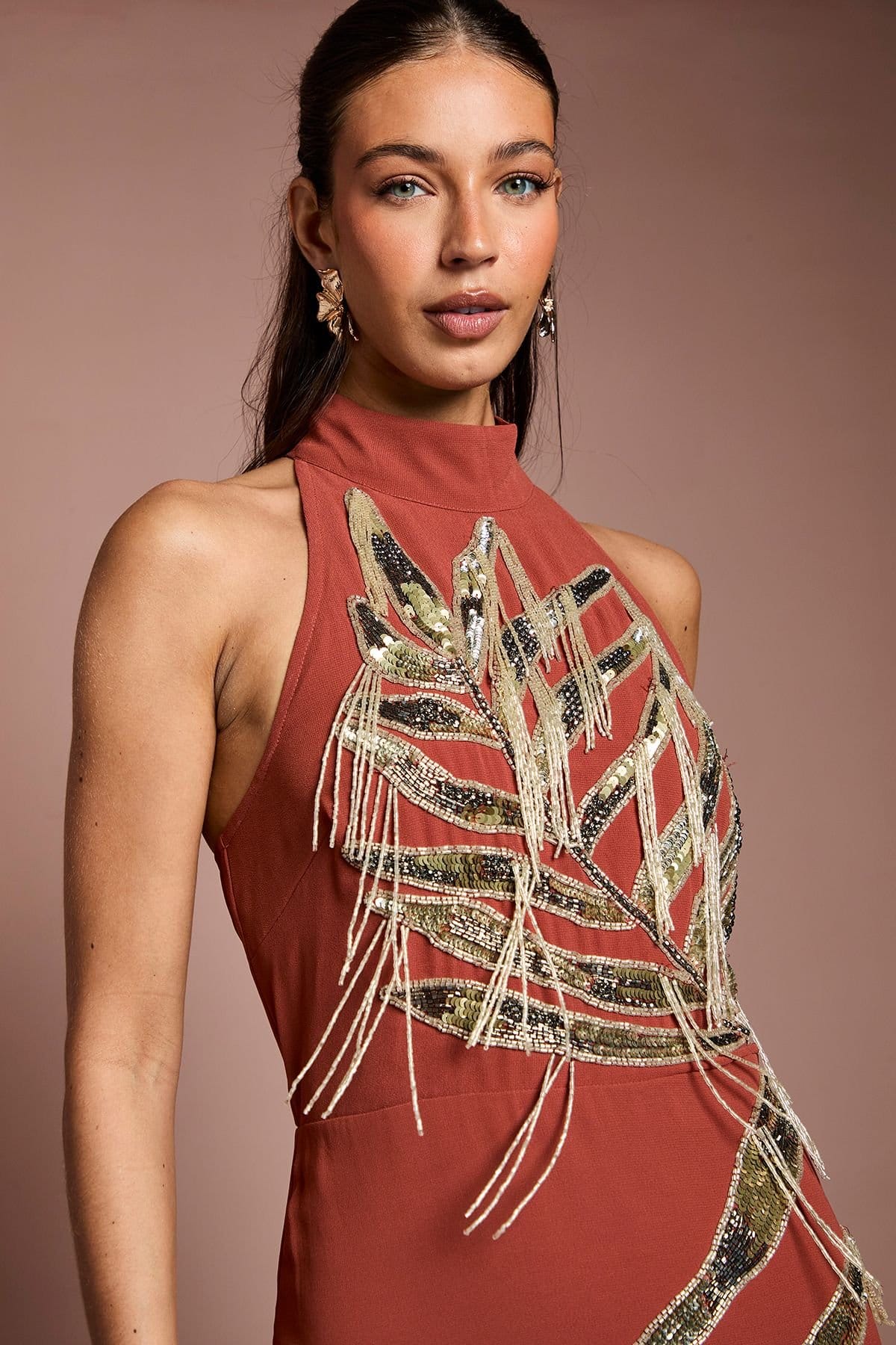 Coast Coast Women's Halterneck Embellished Fringe Midi Dress in Bronze - 4