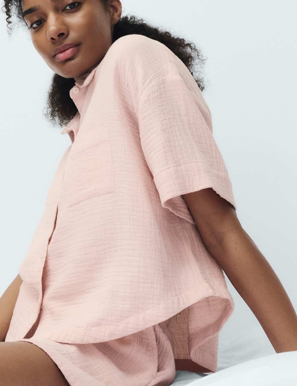 Marks & Spencer M&S Pure Cotton Muslin Shortie Pyjama Set Dusted Pink