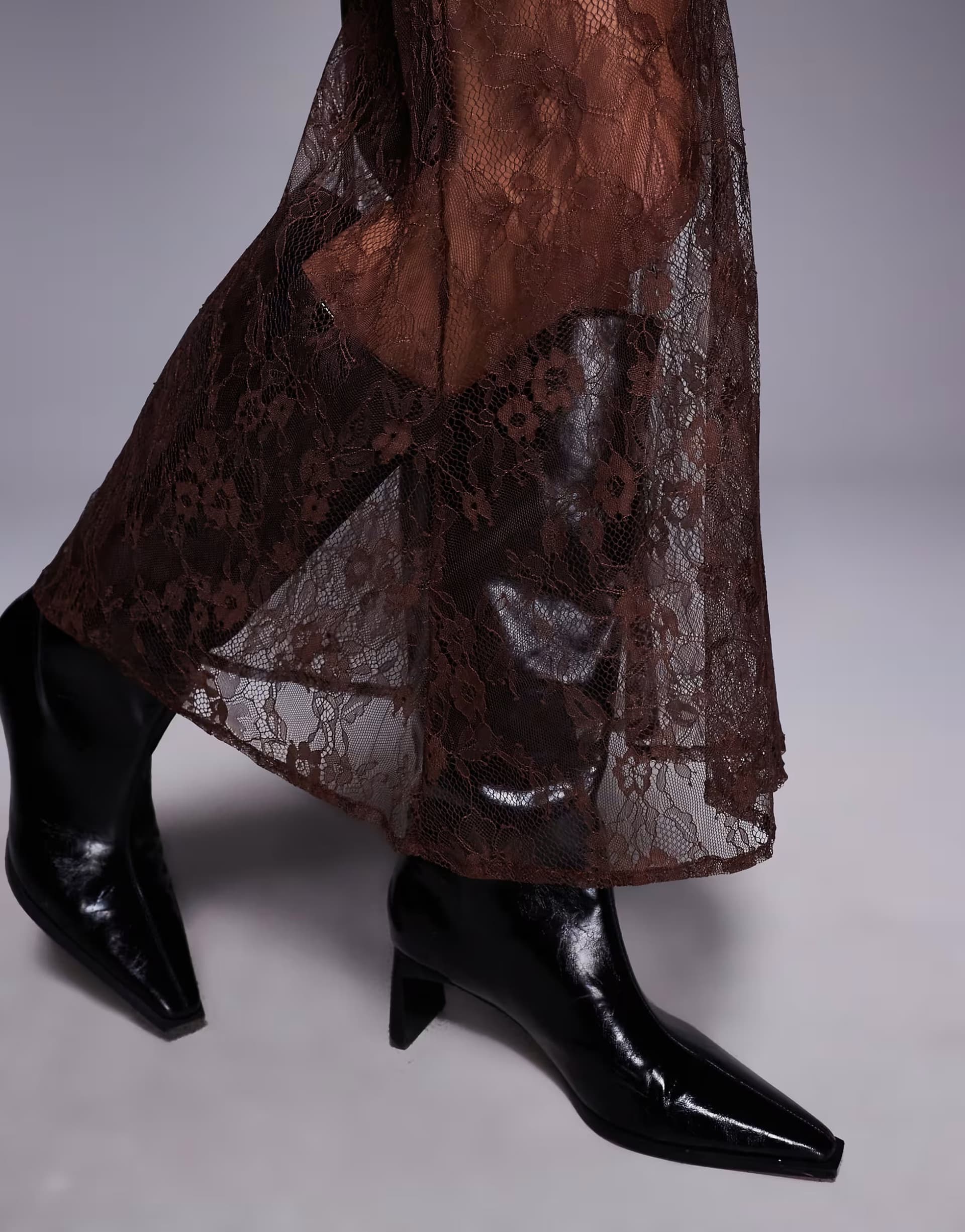 ASOS New Look satin lace asymmetric midi skirt in brown