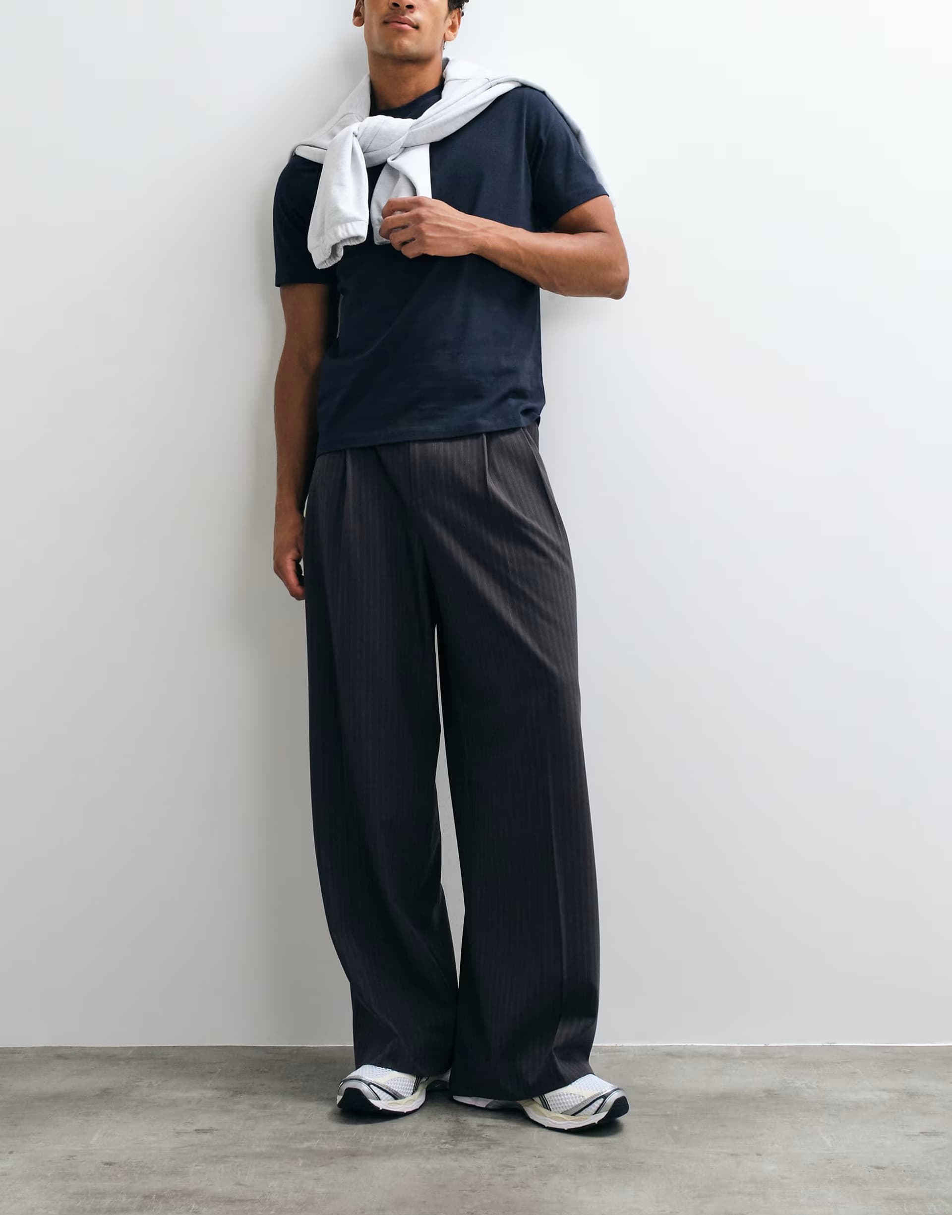ASOS Weekday wide leg tailored trousers in dark grey pinstripe