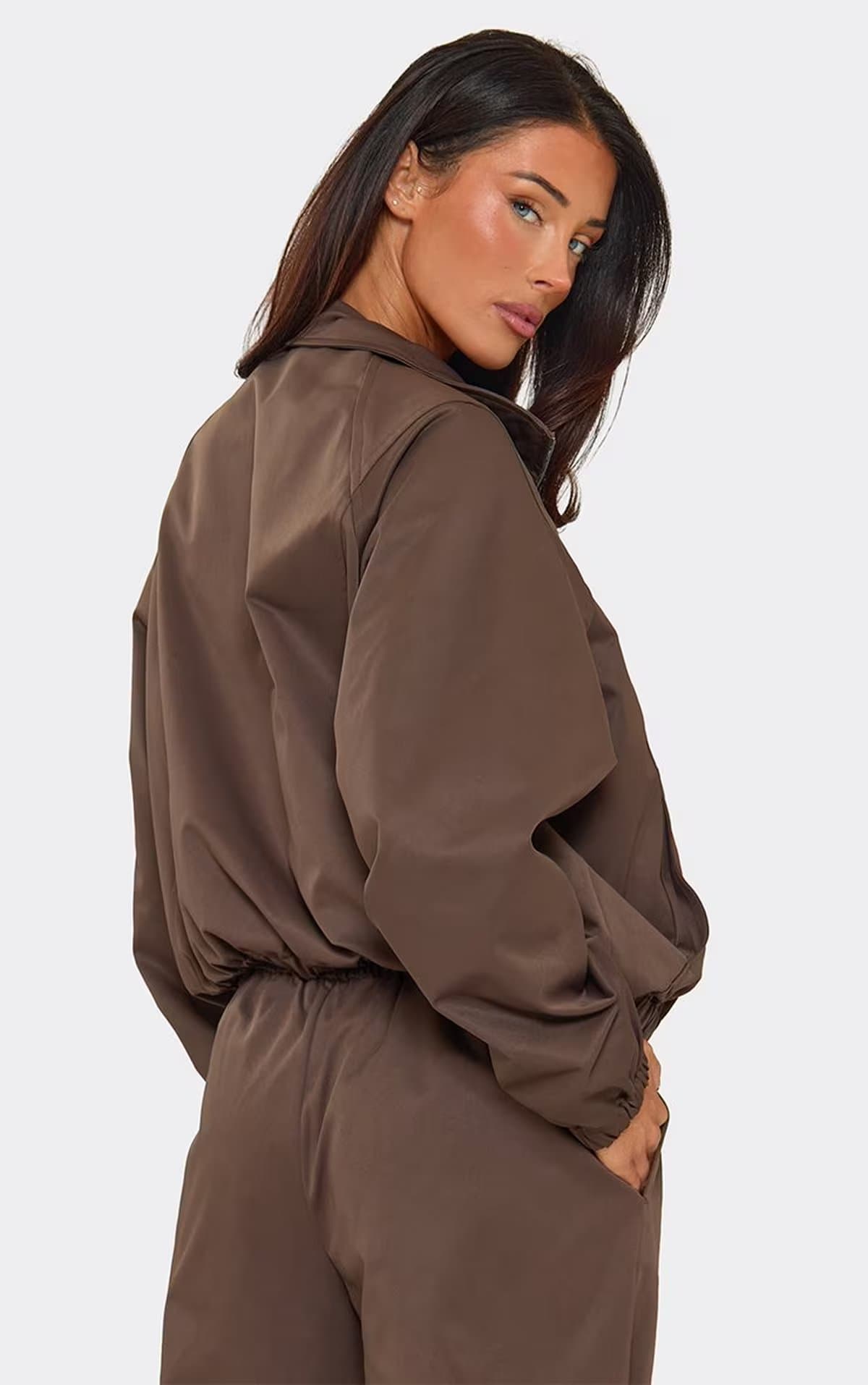 EGO Long Sleeve High Neck Shell Jacket In Chocolate Brown, Women's Size UK 6
