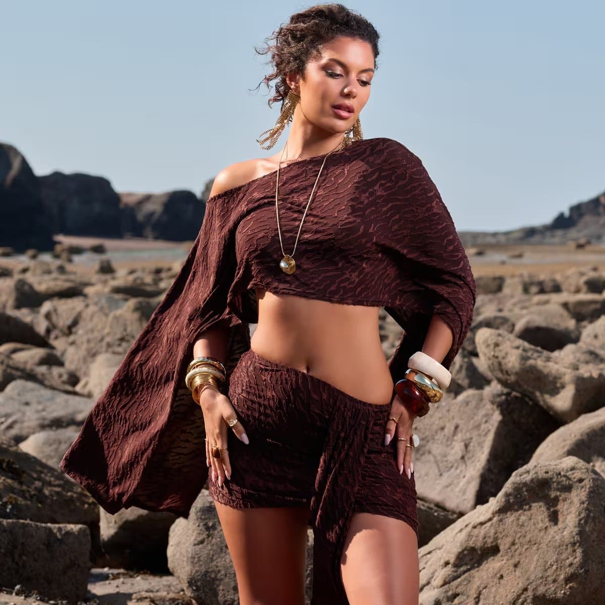 EGO Drape Sleeve Cape Top In Chocolate Brown Devore, Women's Size UK 6