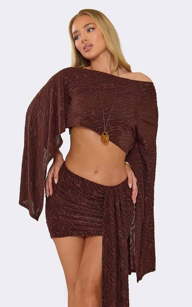 EGO Drape Sleeve Cape Top In Chocolate Brown Devore, Women's Size UK 6 - 2