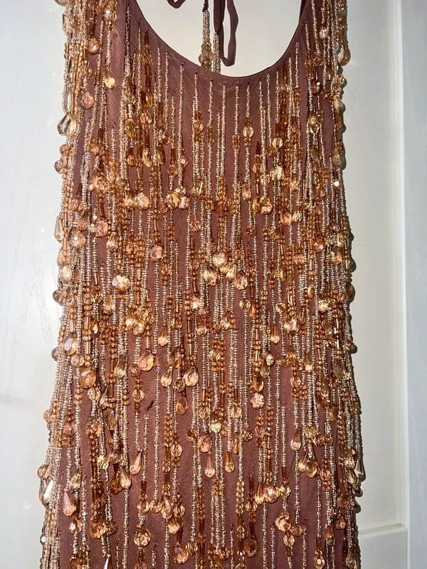 ASOS Embellished Mocha Mini Dress with Sheer Lace Lining