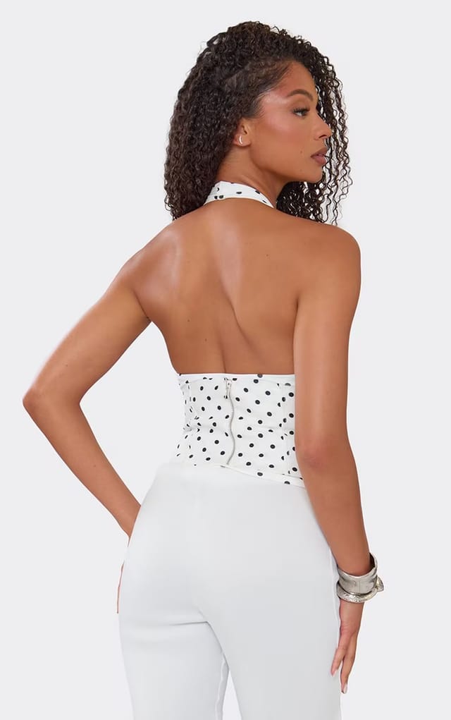 EGO Scoop Halterneck Top With Corset In White Polka Dot., Women's Size UK 6 - 2