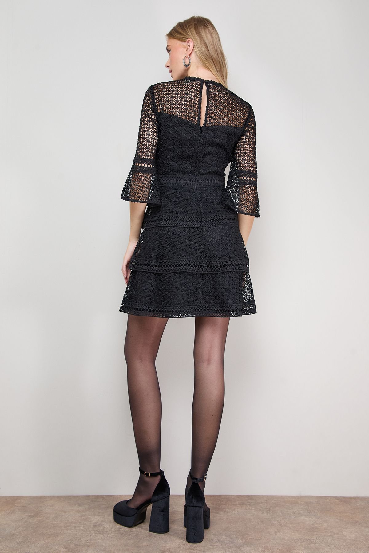 Oasis Oasis Women's Lace Trim Detail Puff Sleeve Ruffle Mini Dress in Black - 3