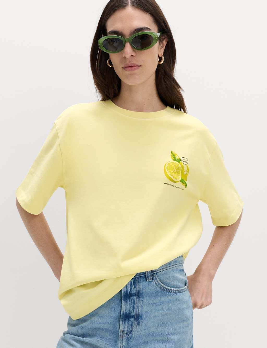 Marks & Spencer M&S Pure Cotton Graphic Oversized T-Shirt Yellow Mix