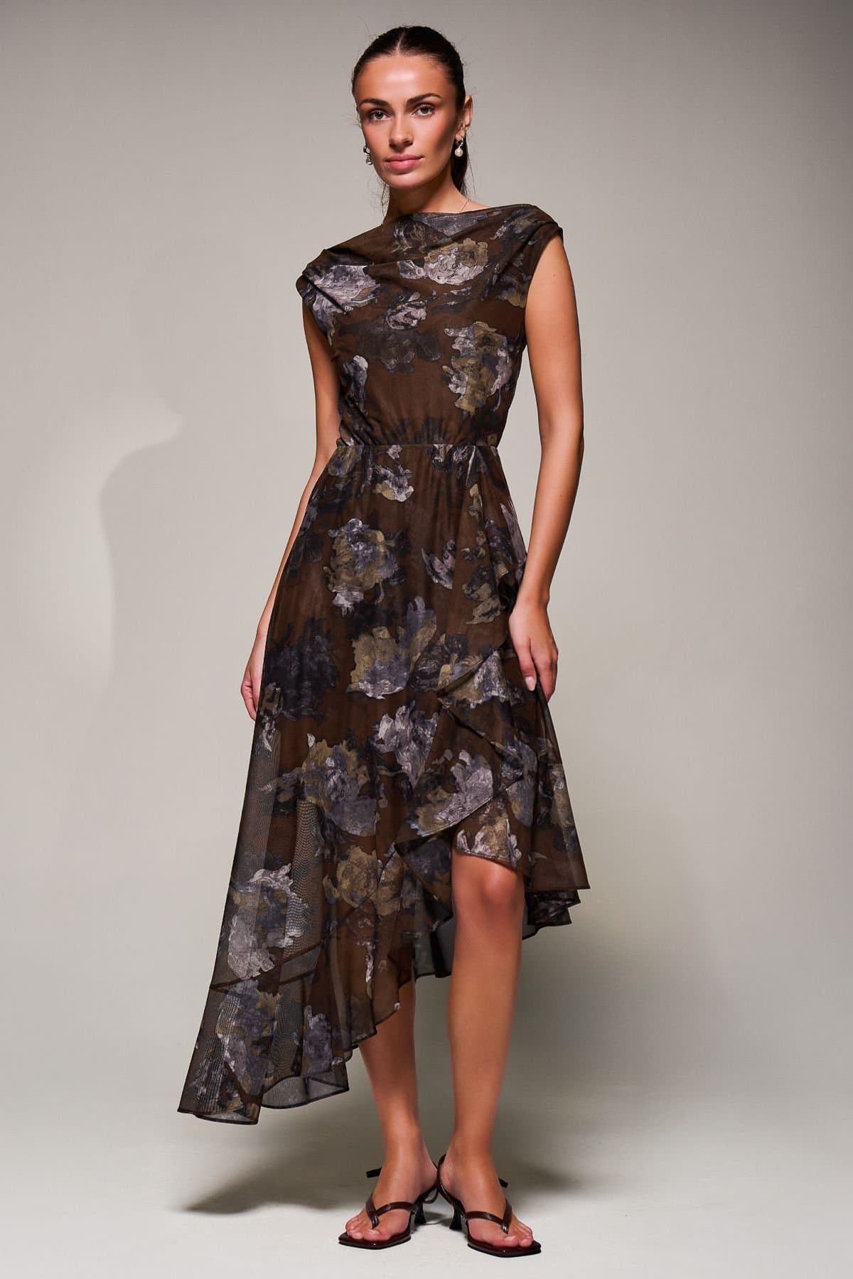 Jolie Moi Jolie Moi Women's Asymmetrical Draped Mesh Midaxi Dress in Brown